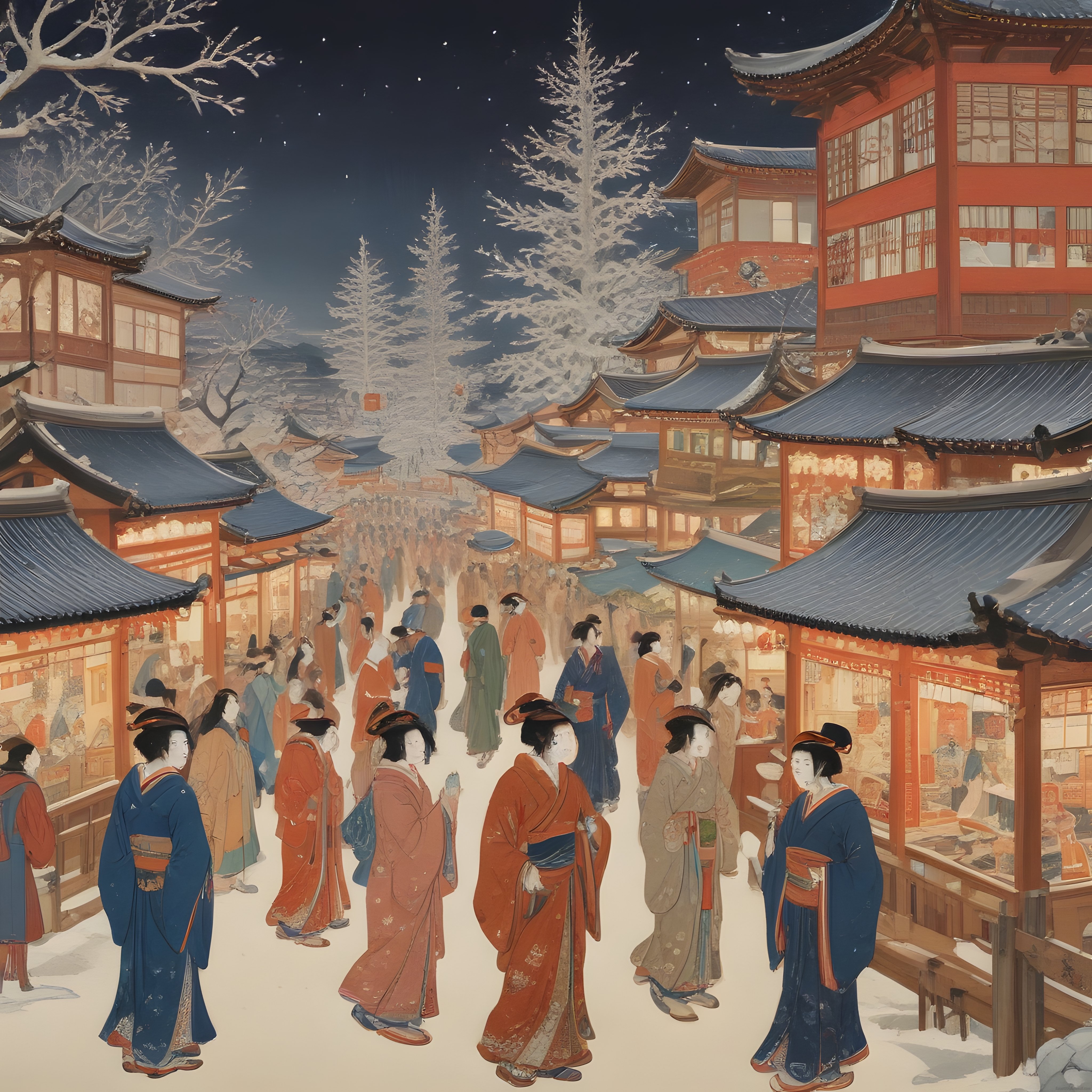 Karlı Gecede Geleneksel Japon Şehri ve Kimonolu İnsanlar Ukiyo-e Tarzı Tablo