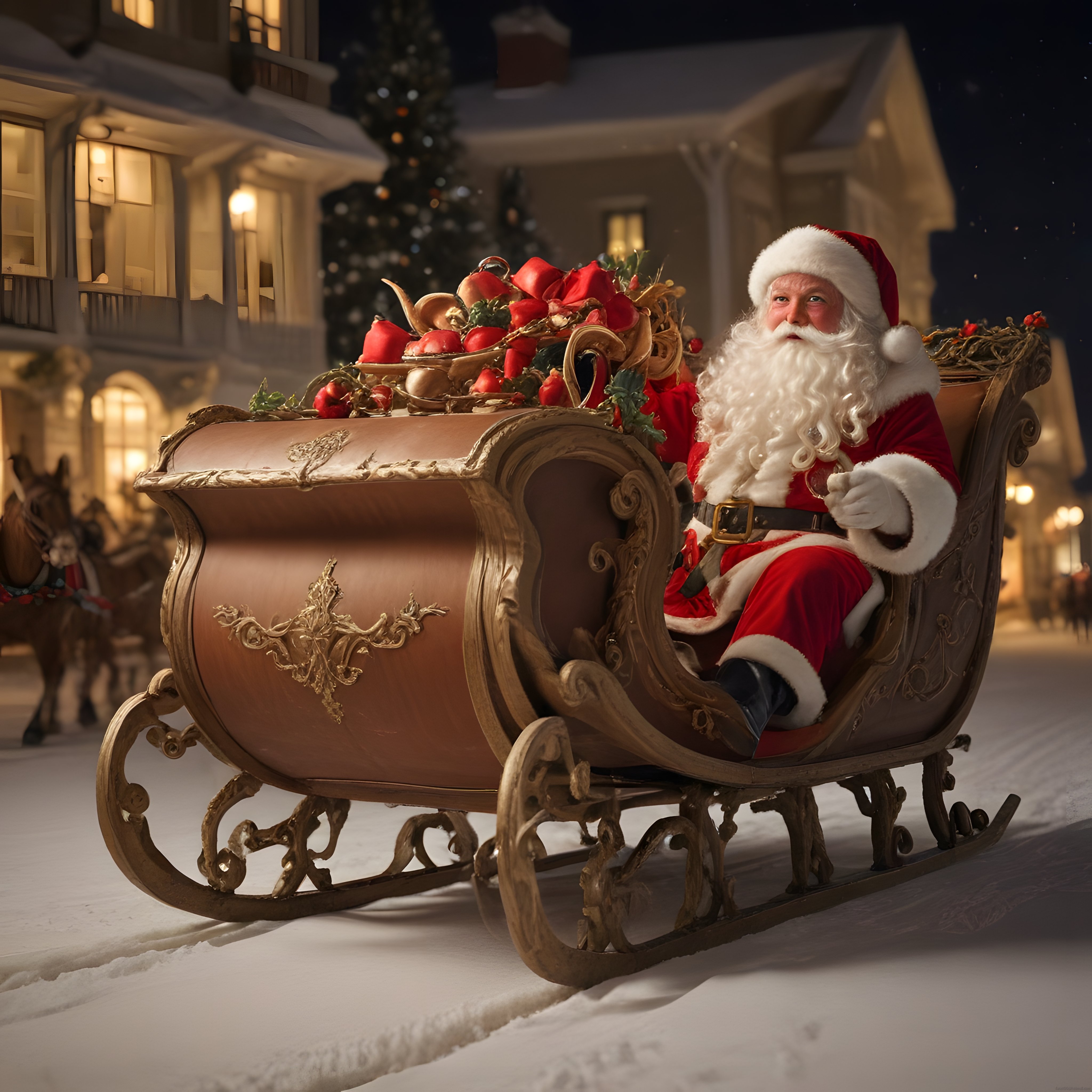 Karlı Gecede Hediye Yüklü Kızakla Yol Alan Noel Baba ve Işıltılı Manzara
