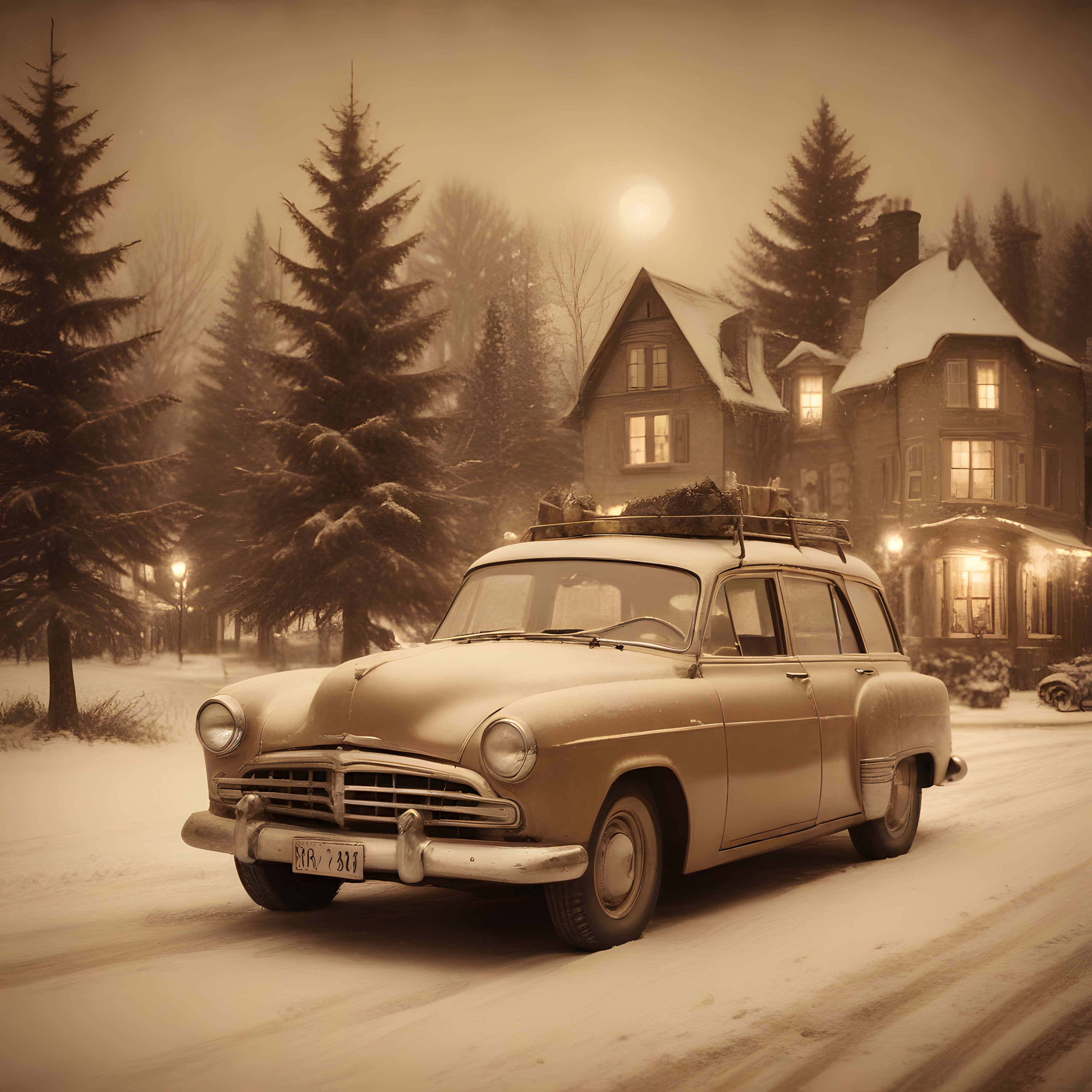 Karlı Gecede Klasik Station Wagon ve Karlı Evlerle Nostaljik Manzara