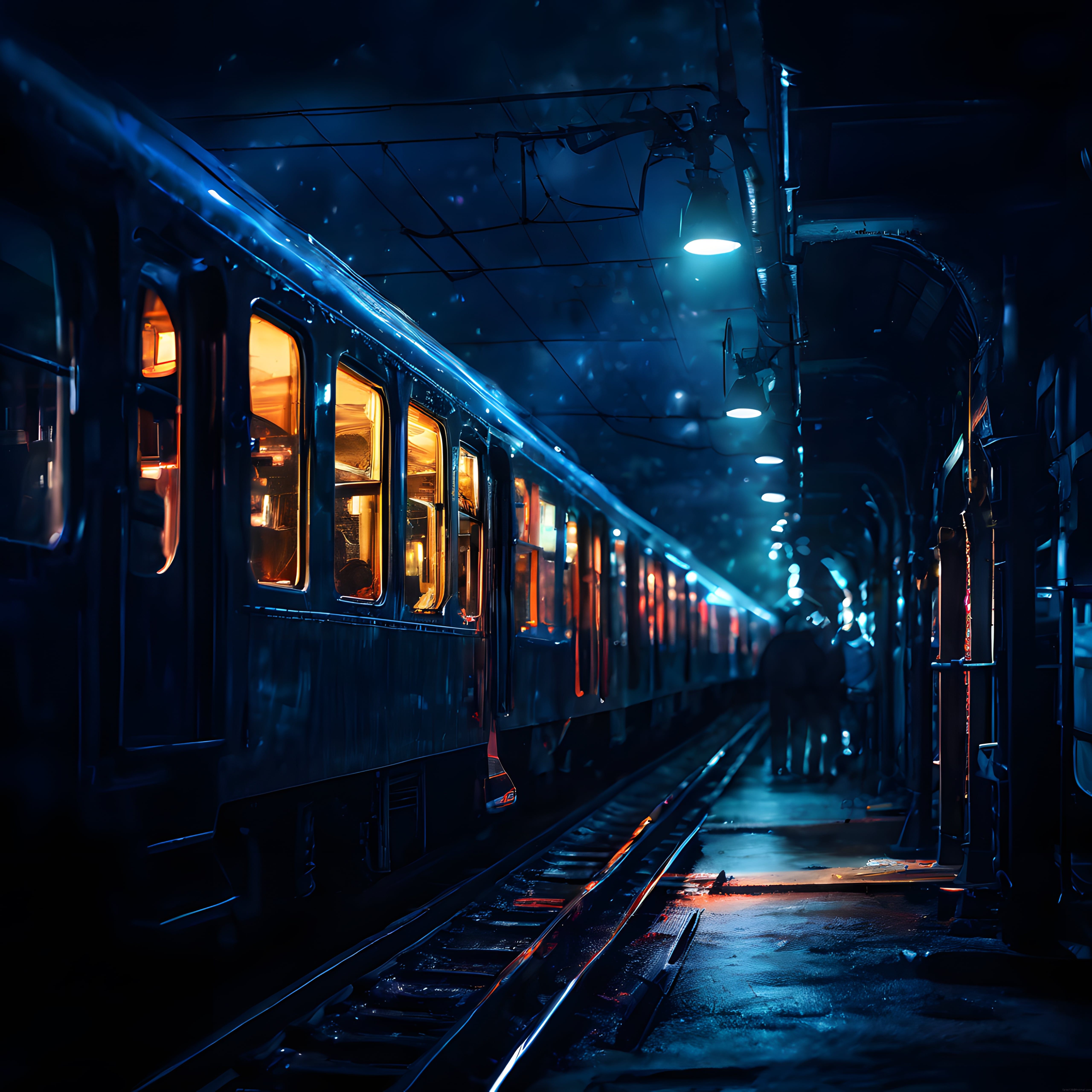 Karlı Gecede Mavi Işıklar Altında Duran Tren ve Islı Platform Manzarası
