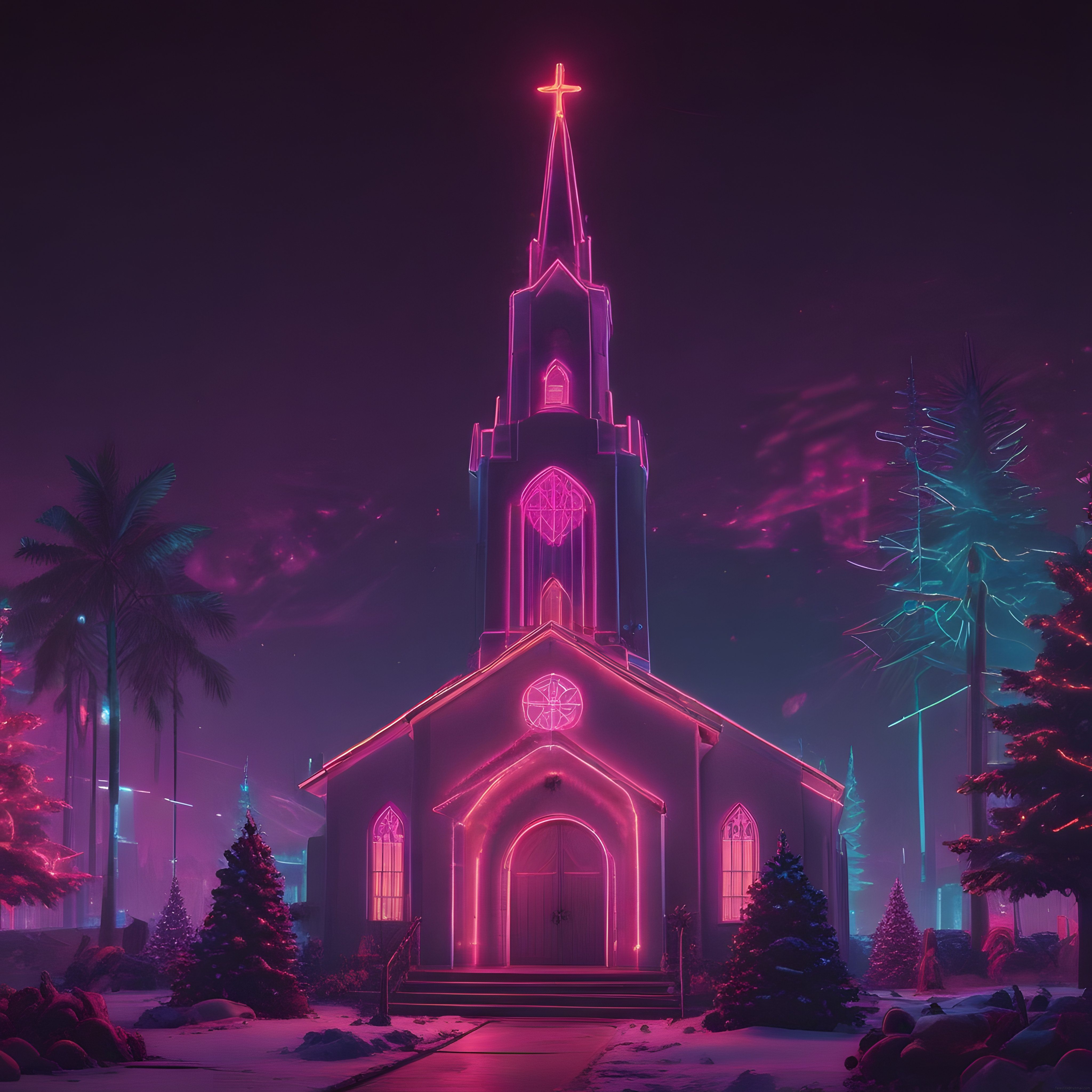 Karlı Gecede Neon Pembe ve Mavi Işıklarla Aydınlanmış Gotik Kilise Manzarası
