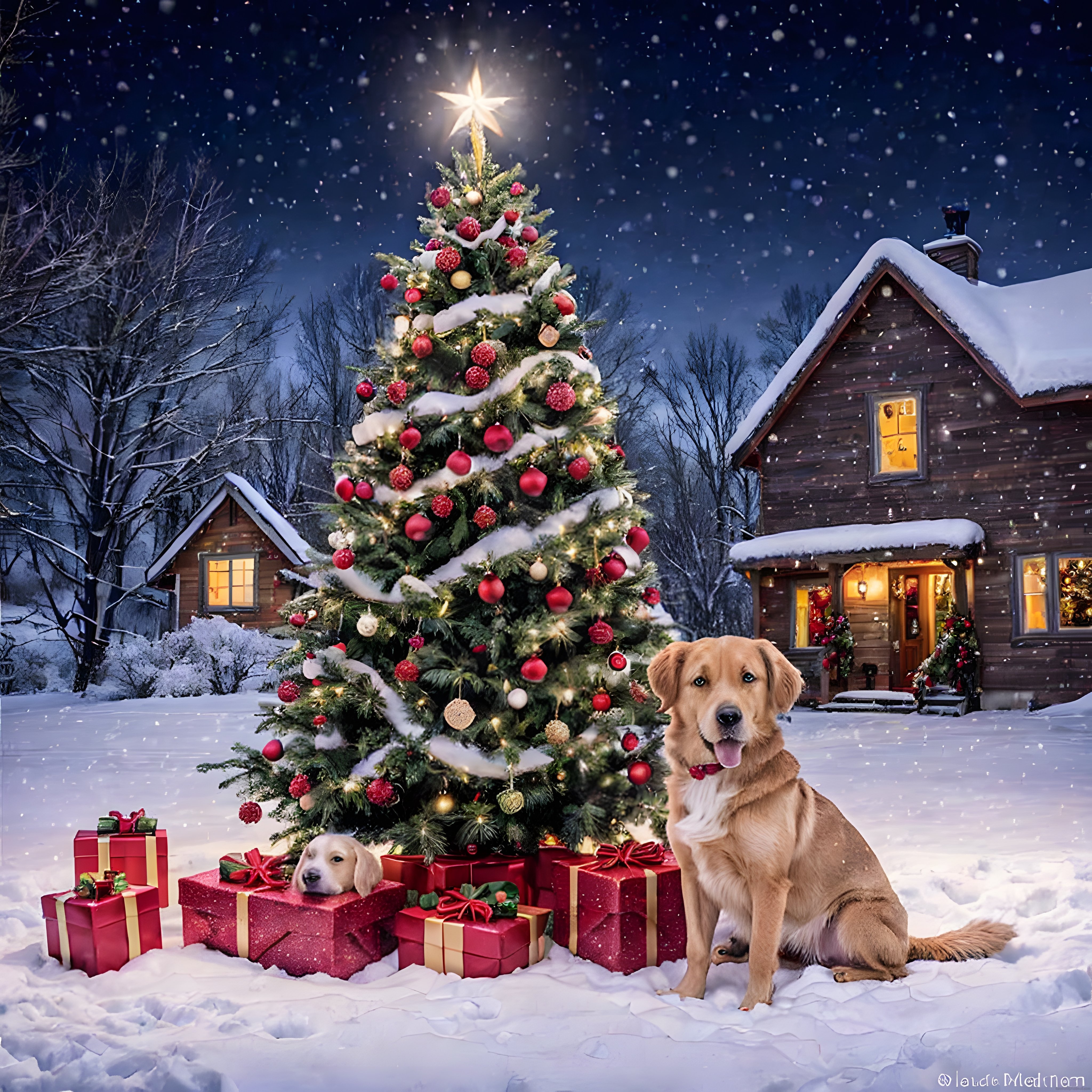 Karlı Gecede Noel Ağacı ve Golden Retriever Köpeklerle Sıcacık Kış Manzarası