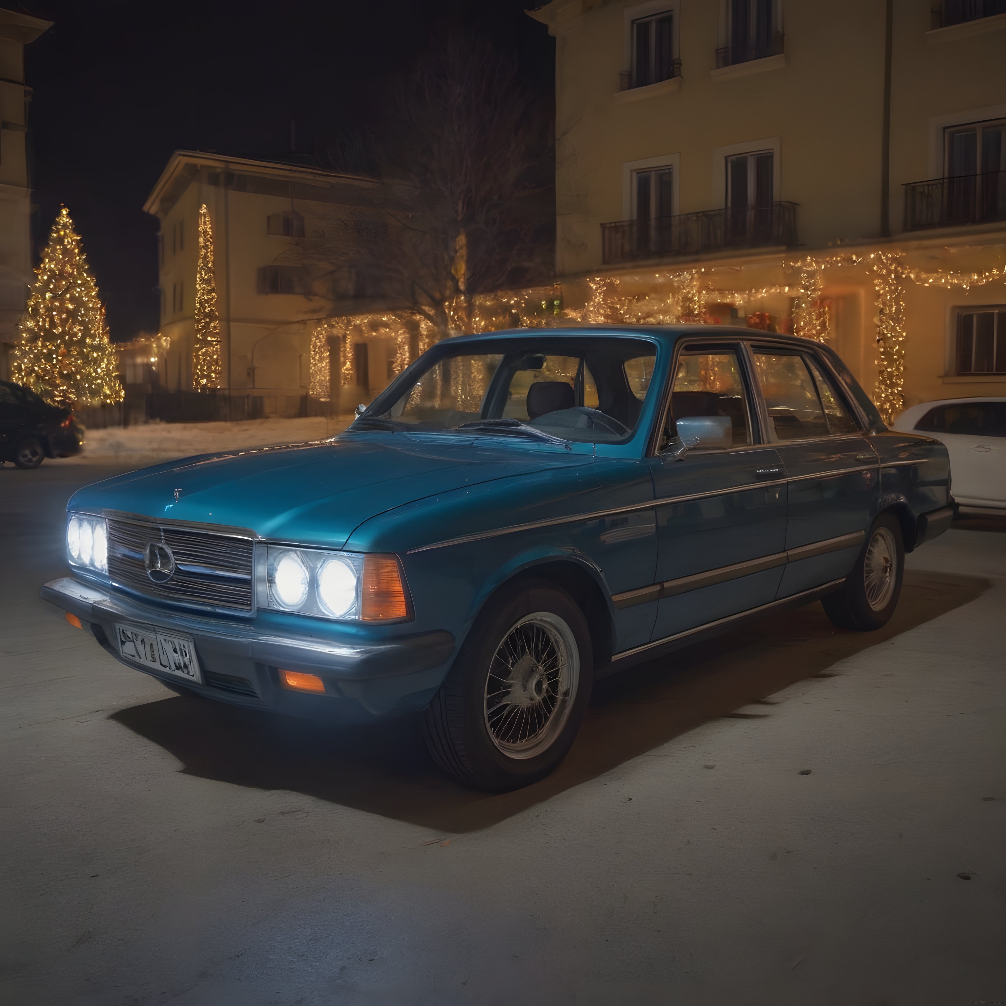 Karlı Gecede Park Edilmiş Mavi Klasik Mercedes ve Yılbaşı Işıkları