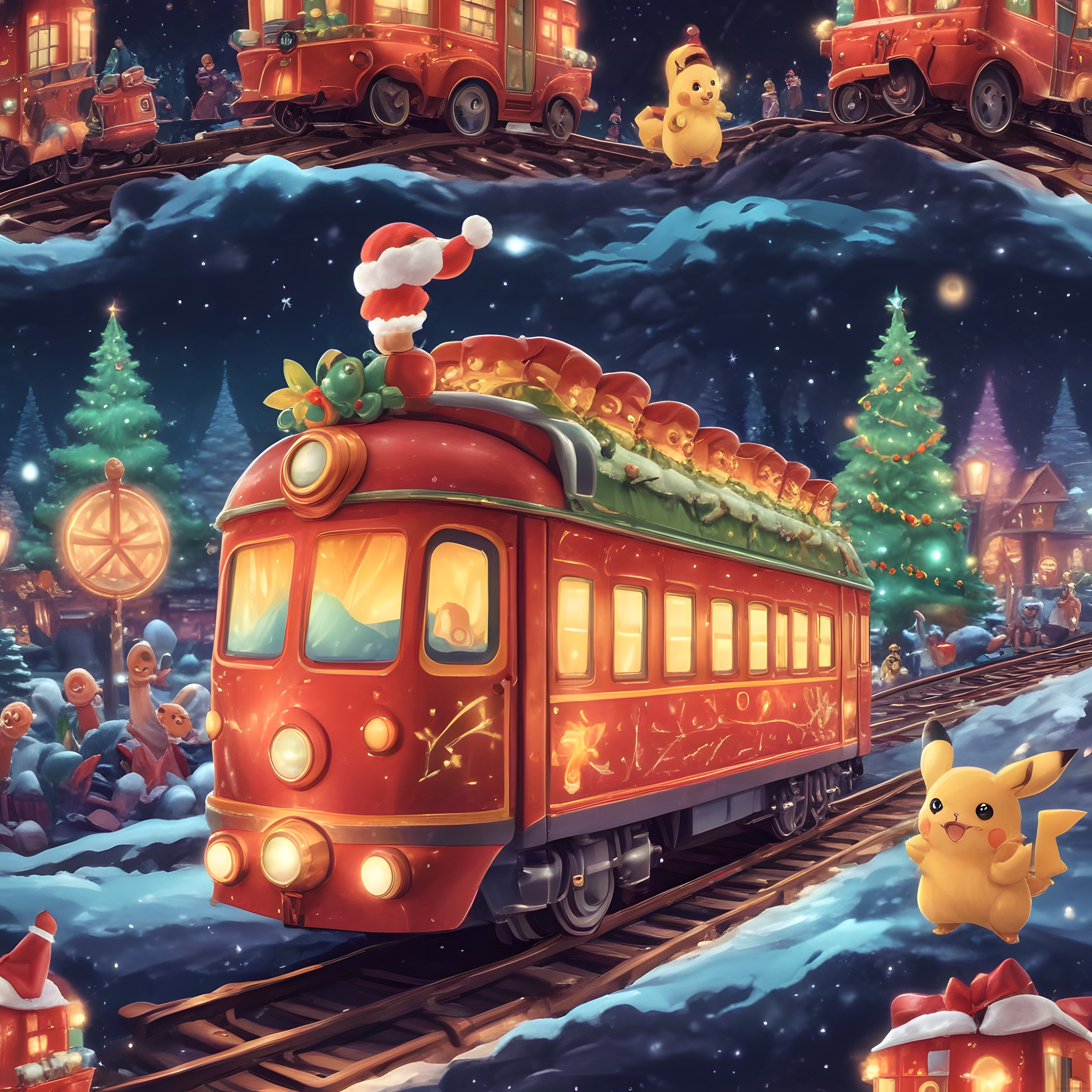Karlı Gecede Pikachu ve Kırmızı Hediye Treniyle Sihirli Anime Kış Manzarası