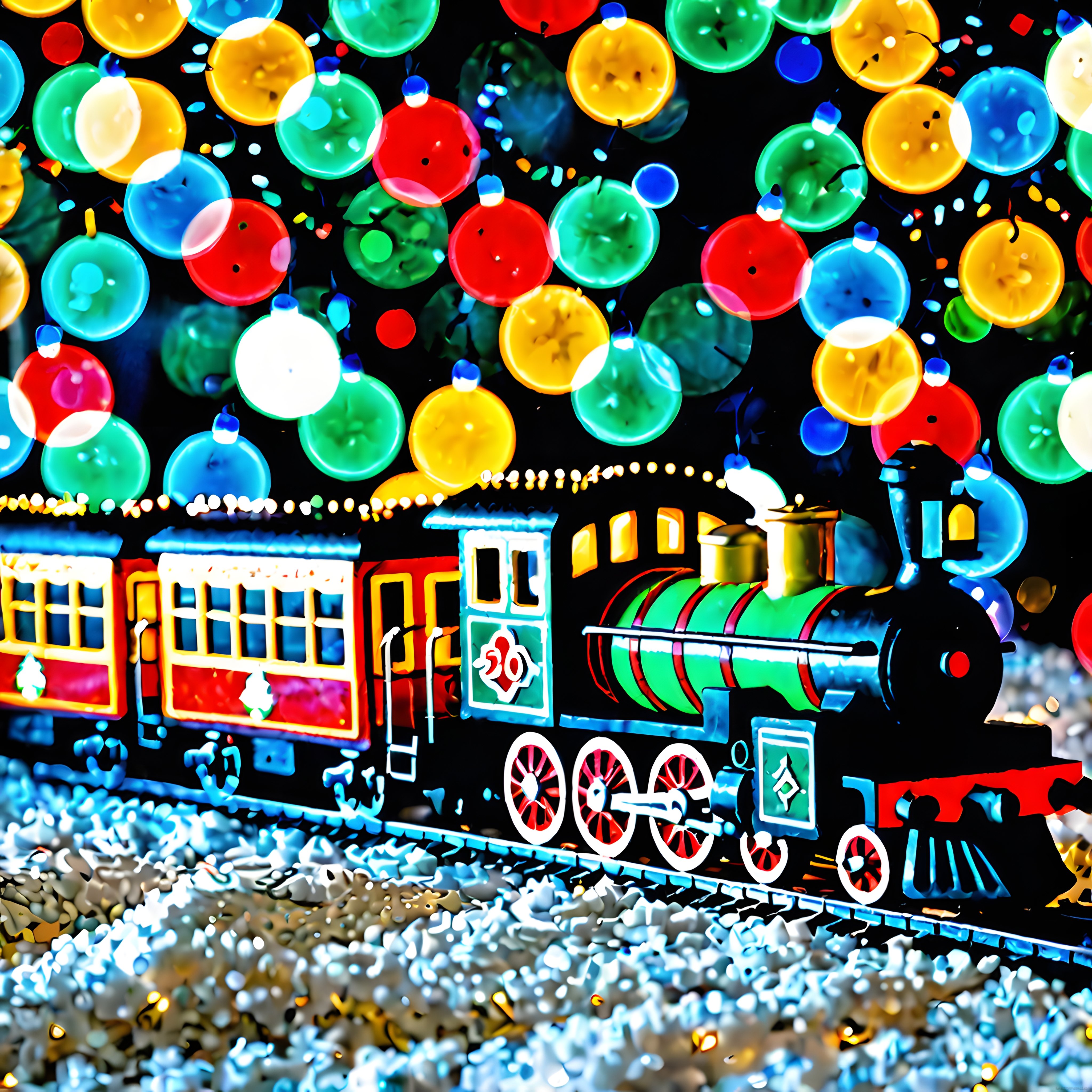 Karlı Gecede Rengarenk Buharlı Tren ve Parlak Noel Ağacı Süsleri Manzarası