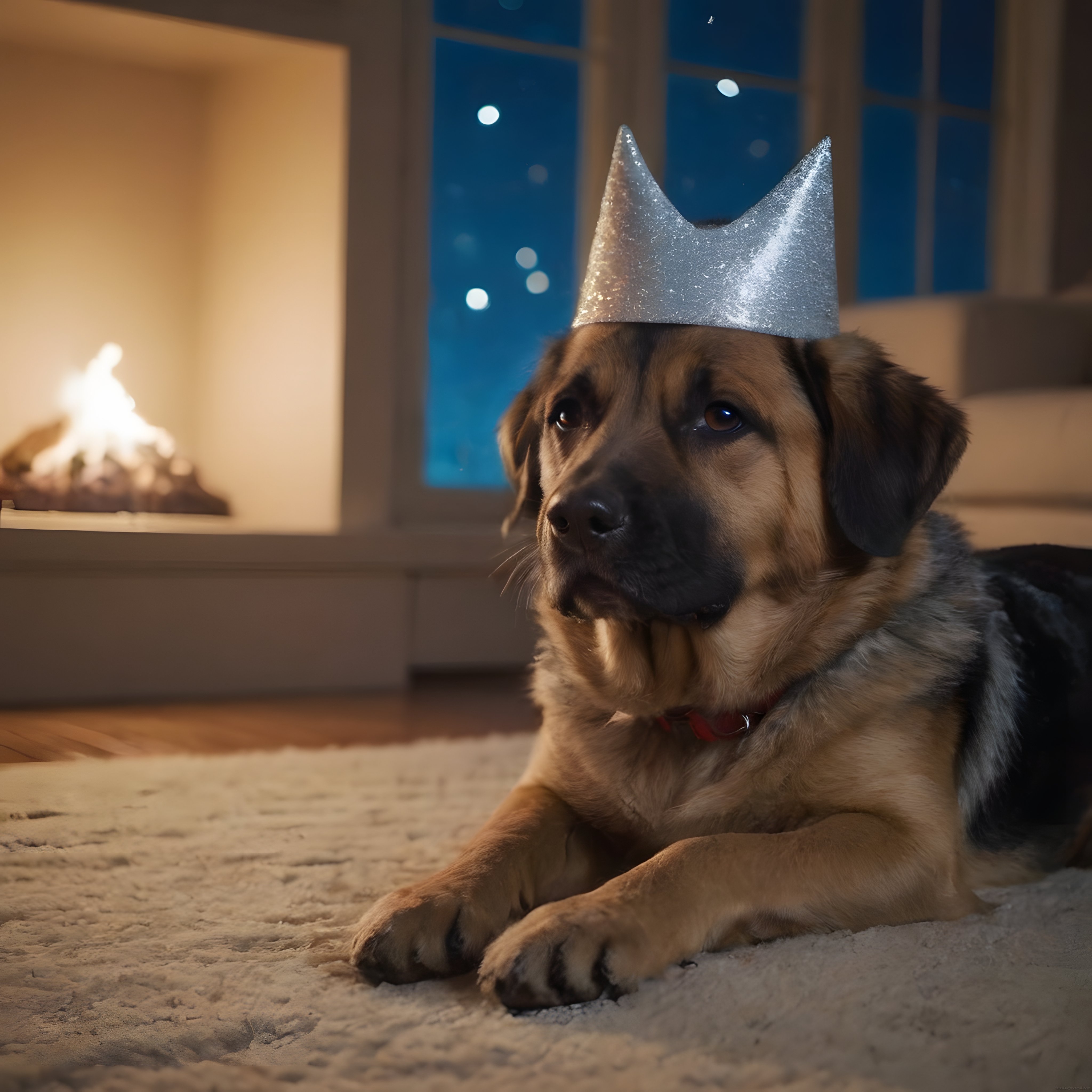 Karlı Gecede Şömine Karşısında Parti Şapkasıyla Oturan Köpek