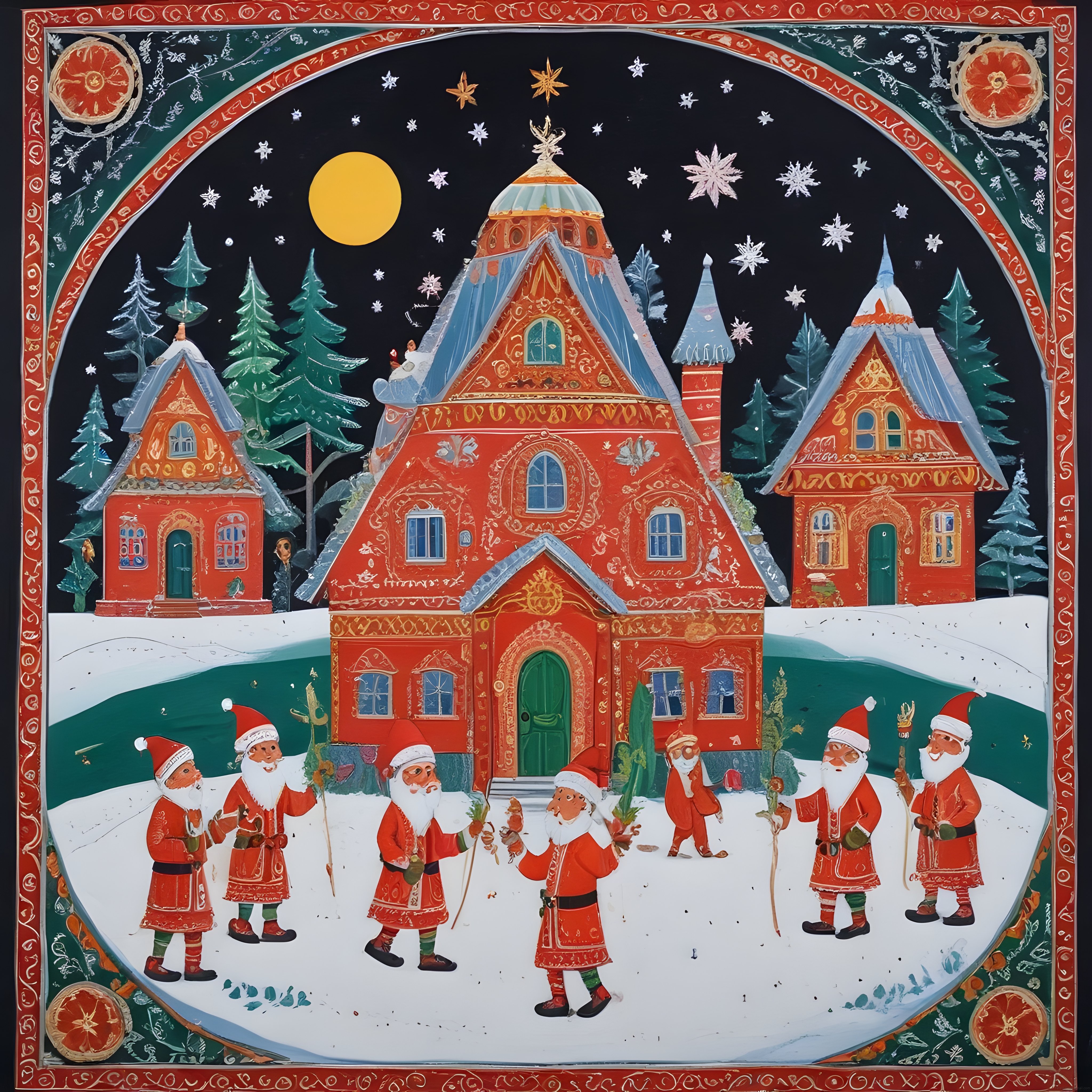 Karlı gecede süslü kırmızı evler ve noel babalarla bezeli folk art tarzı masalsı kış manzarası