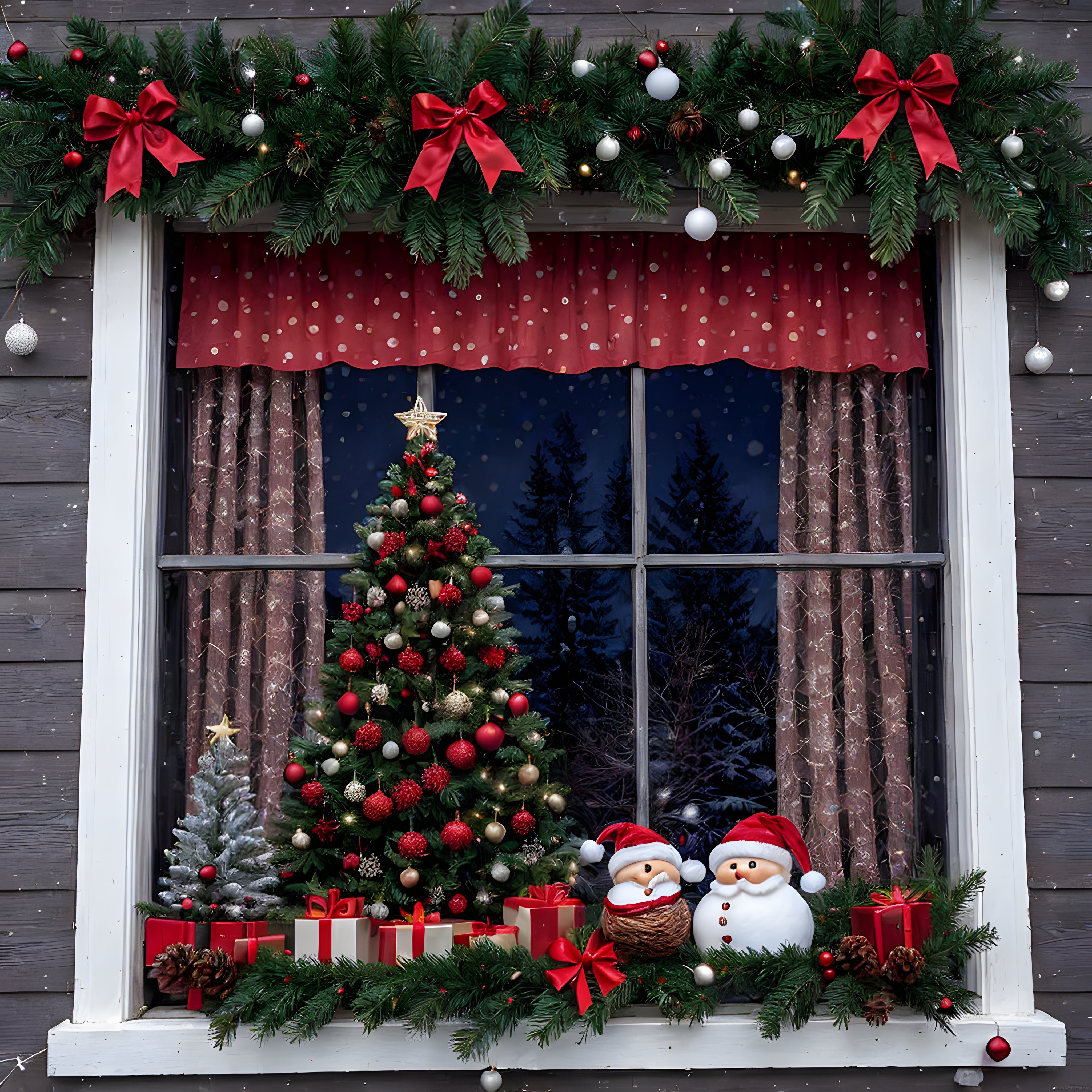 Karlı Gecede Yılbaşı Süslemeleri: Işıltılı Pencere ve Noel Ağacı