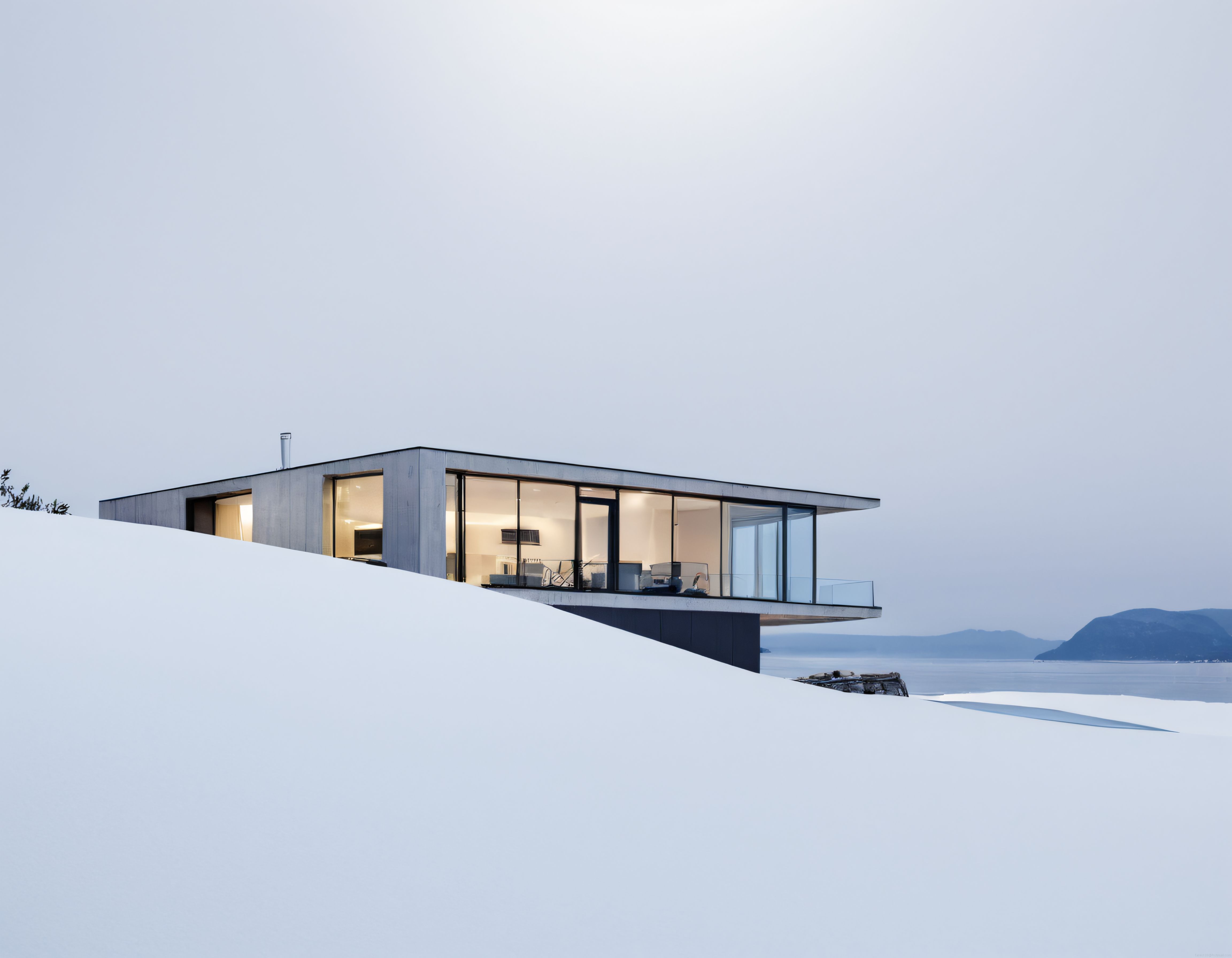 Karlı Göl Kenarında Gömülü Zemin Katlı Minimalist Modern Villa Tasarımı