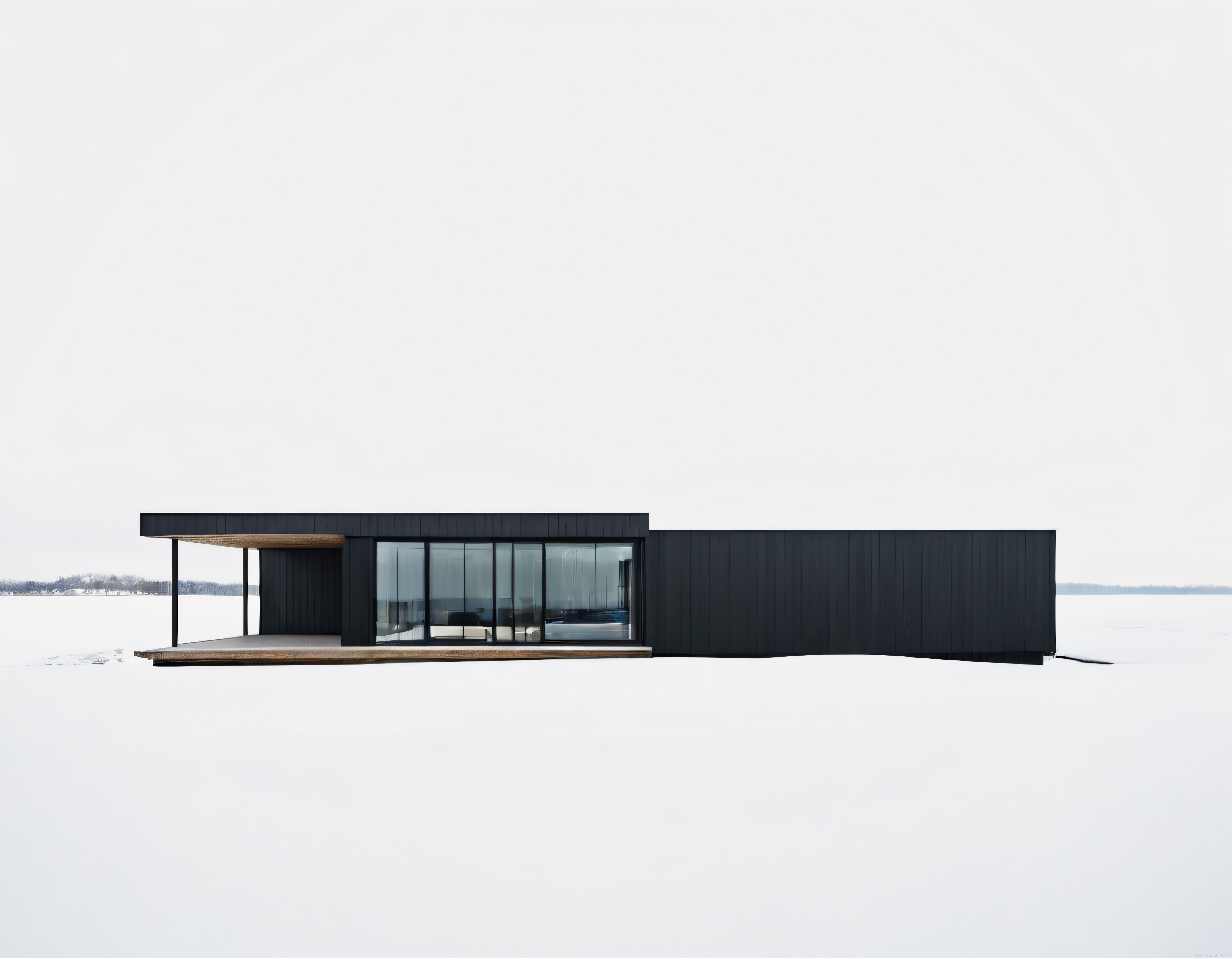 Karlı Göl Kenarında Siyah Cepheli Modern ve Minimalist Villa Tasarımı