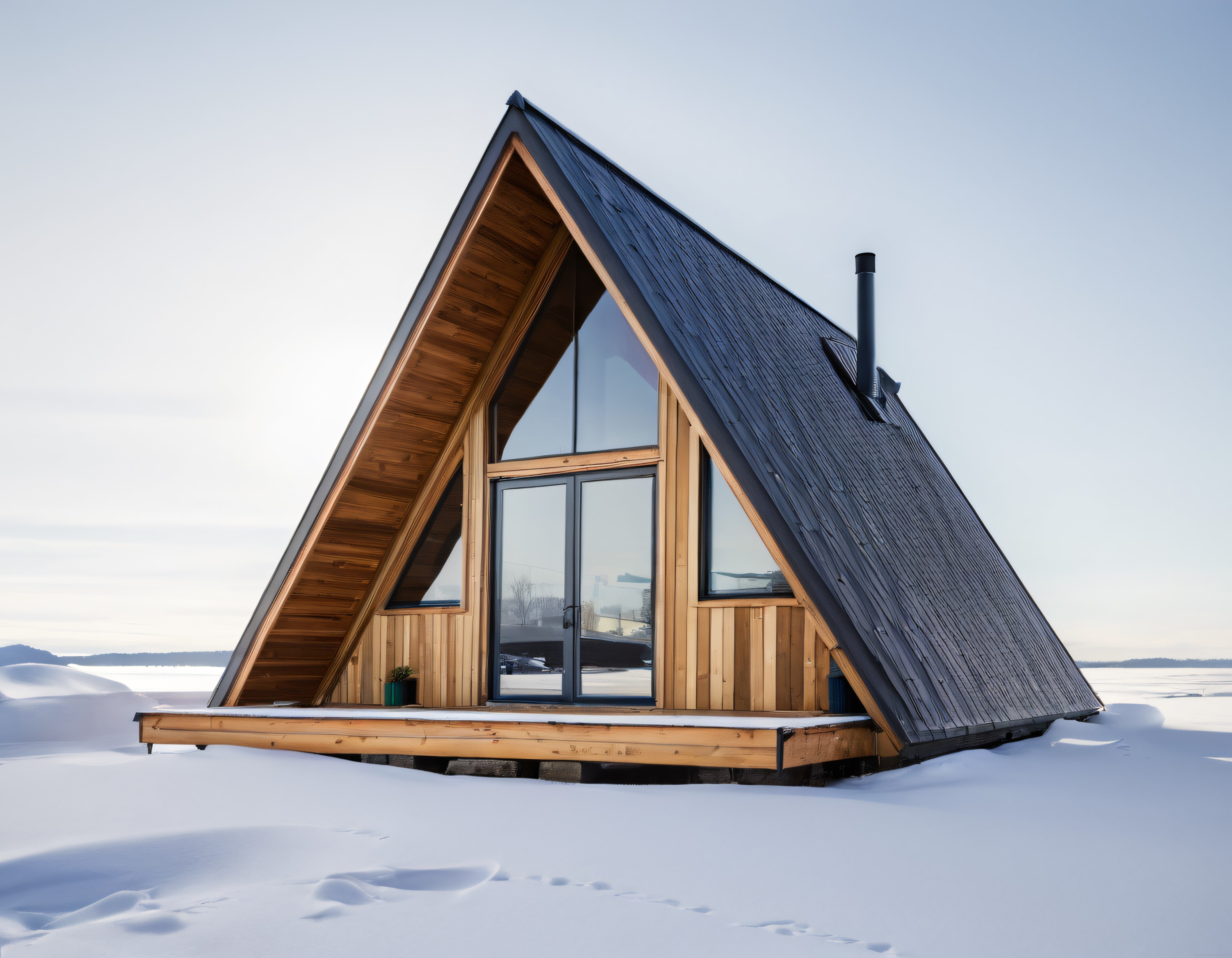 Karlı Göl Kıyısında Büyük Camlı Sıcak Ahşap Detaylı Modern A-Frame Dağ Evi