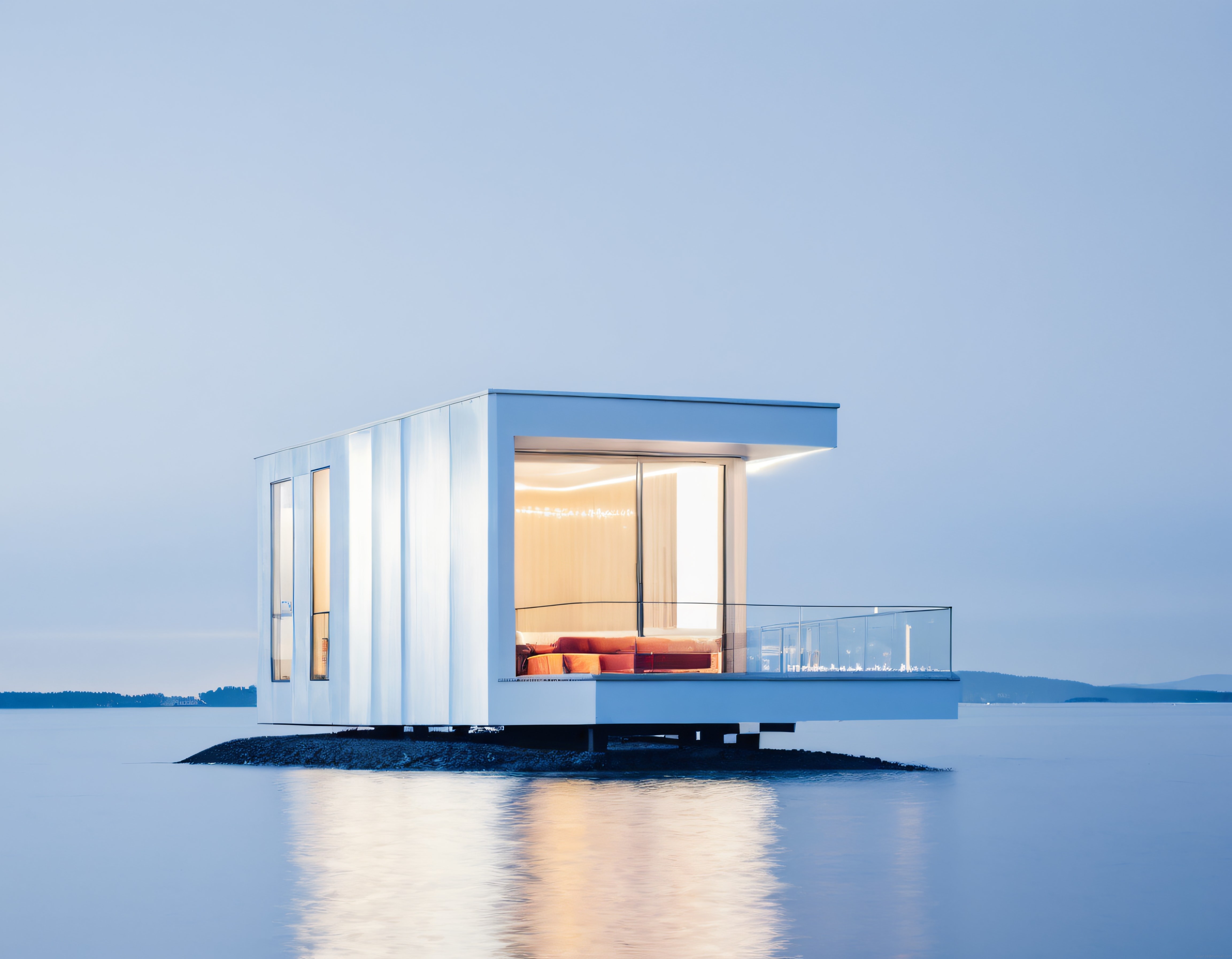 Karlı Göl Üzerindeki Minimalist Modern Cam Ev ve Mistik Kış Atmosferi