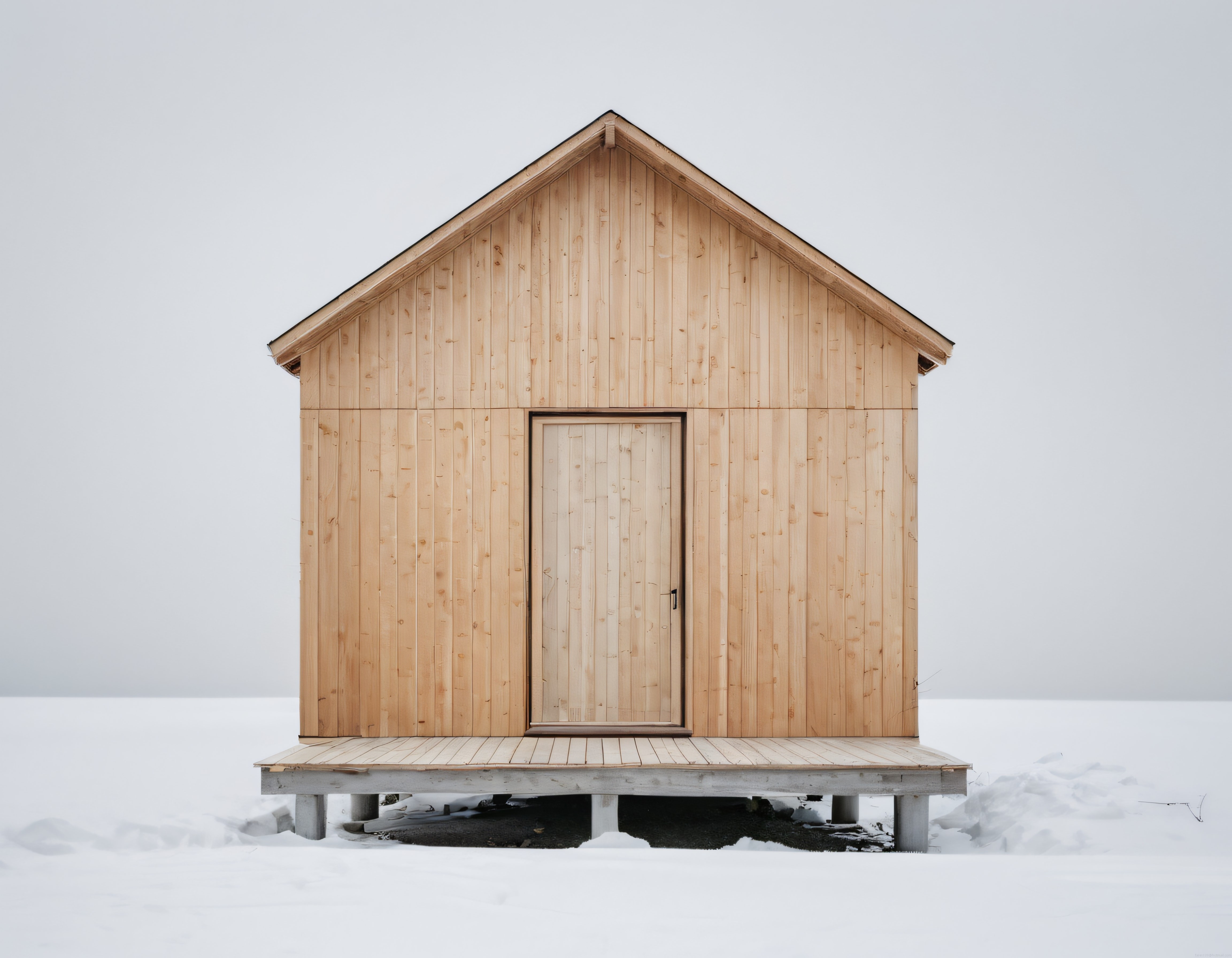 Karlı Göldeki Ahşap İskele Üzerinde Sessiz ve Yalnız Minimalist Kulübe