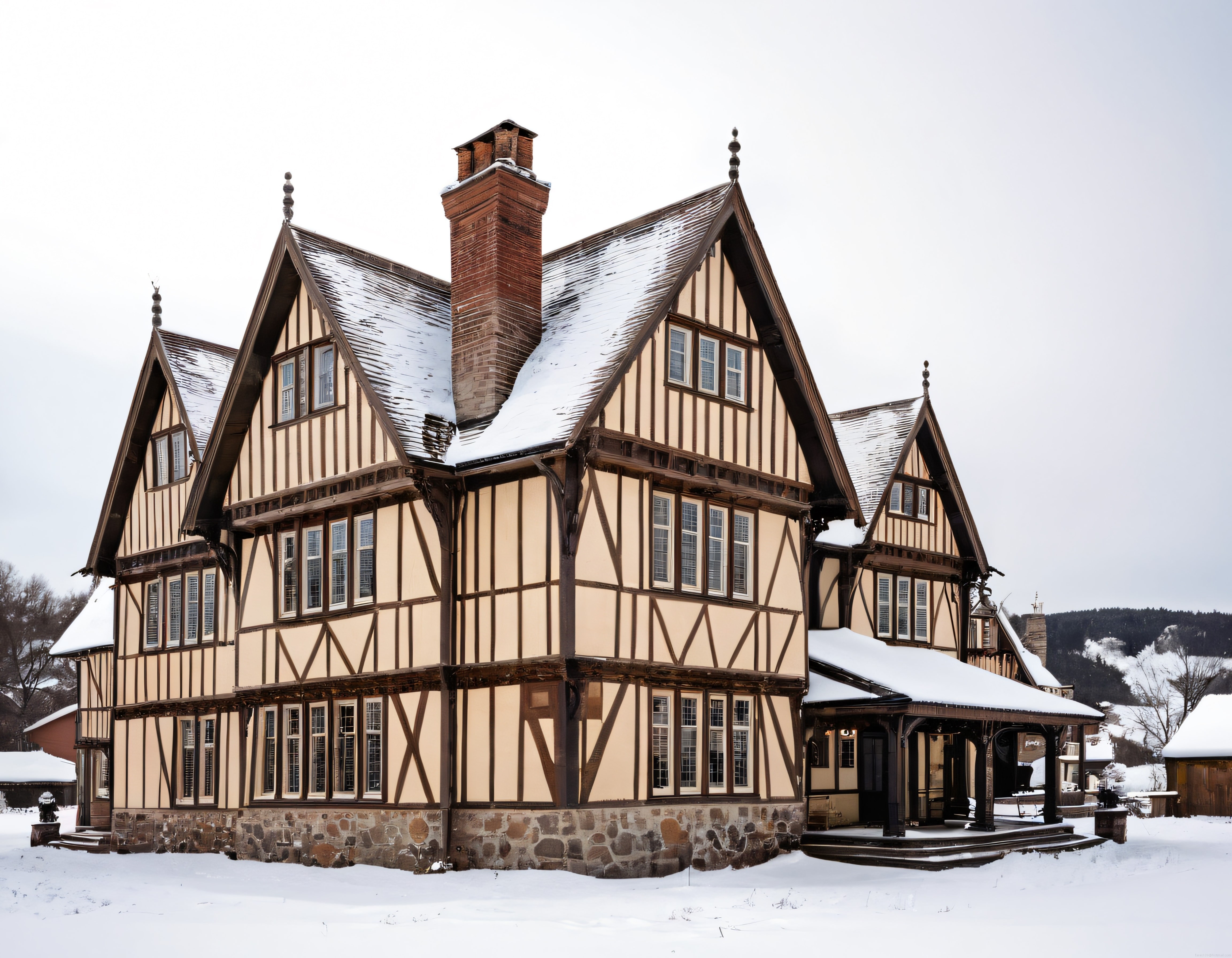 Karlı Günde Görkemli Tudor Tarzı Ahşap Karkaslı Tarihi Malikhane