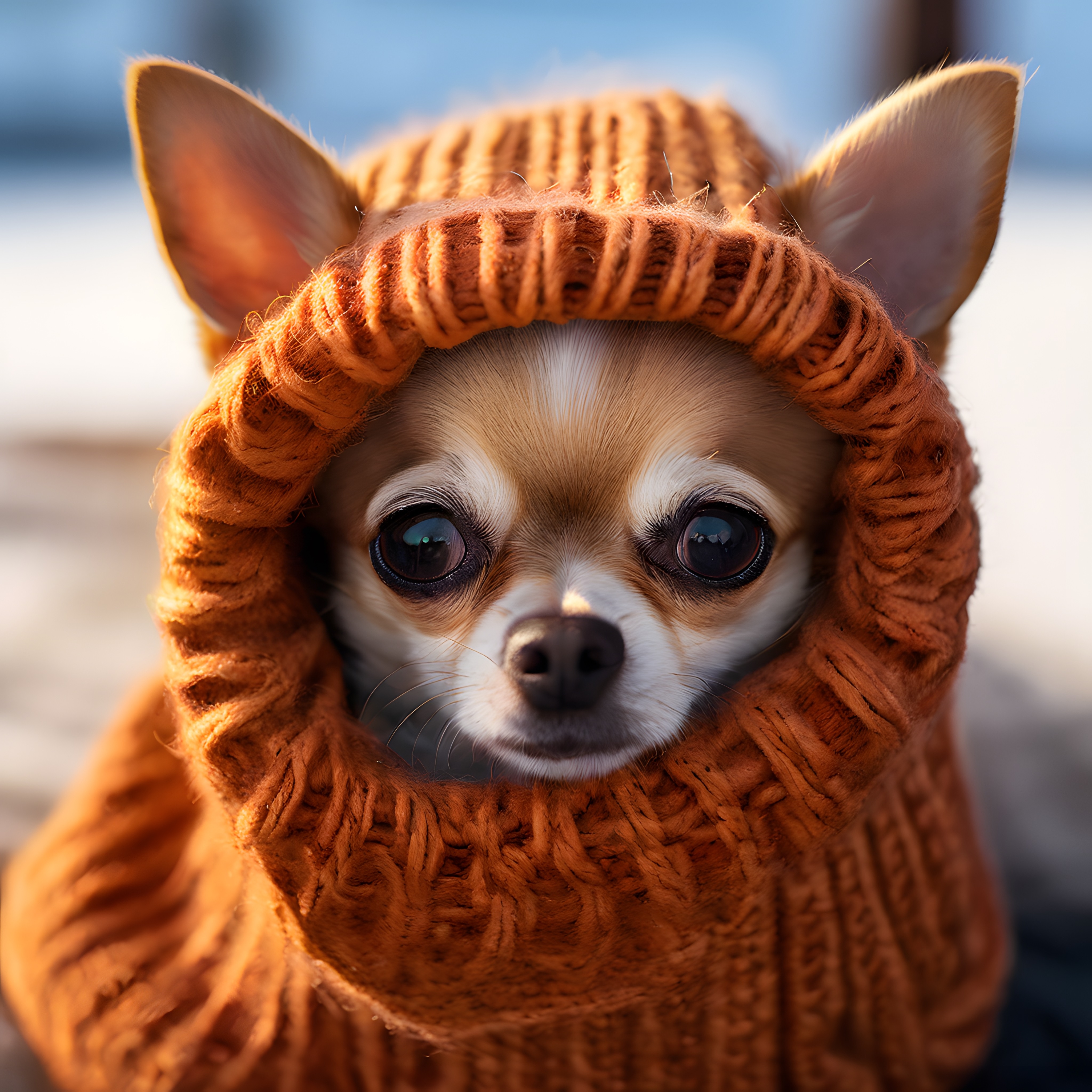 karlı havada turuncu örgü şapkalı minik chihuahua köpeğinin neşeli kış portresi