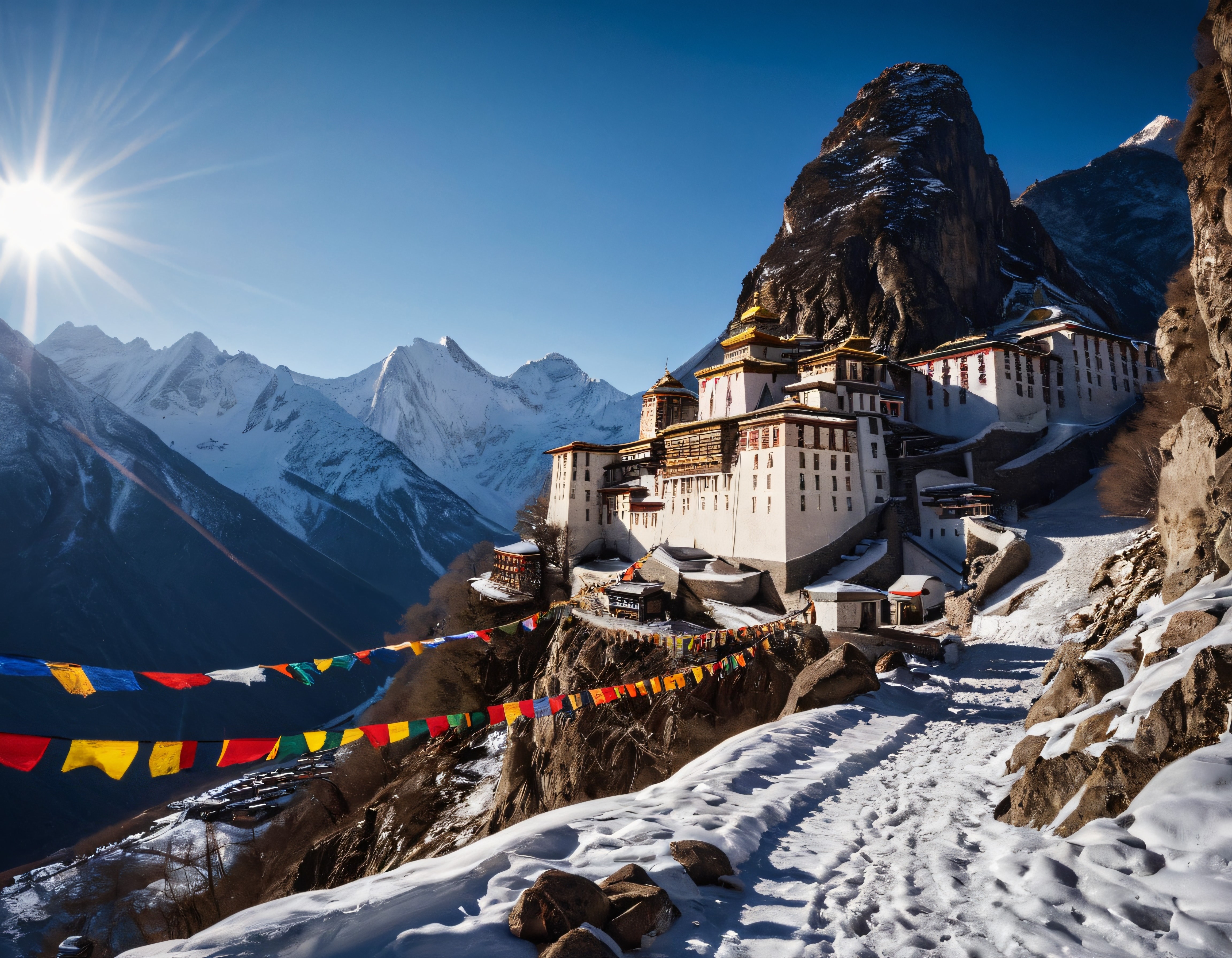 Karlı Himalaya zirveleri arasına kurulu mistik manastır ve renkli dua bayrakları