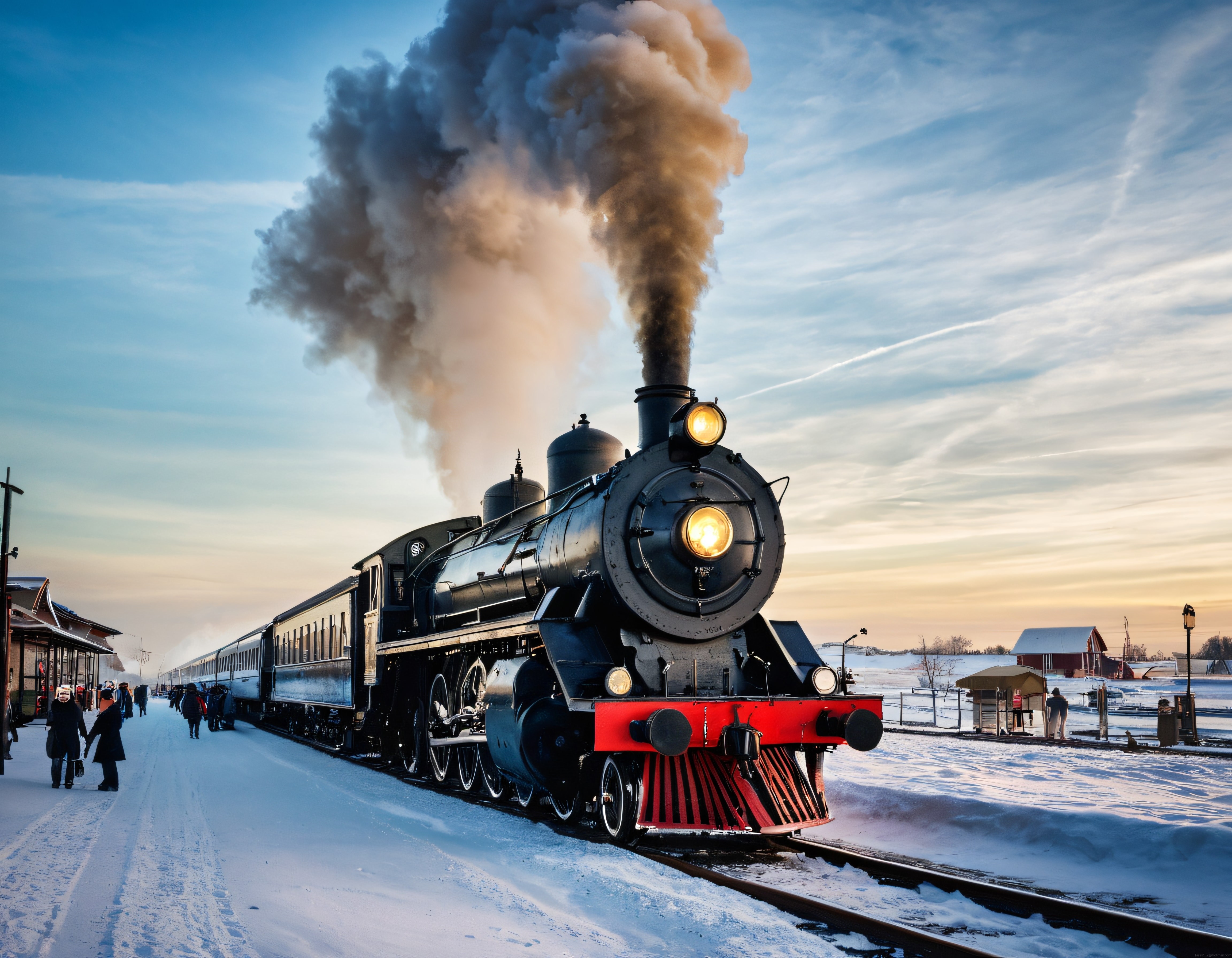 Karlı istasyonda buharlı tren gün batımında nostaljik lokomotif