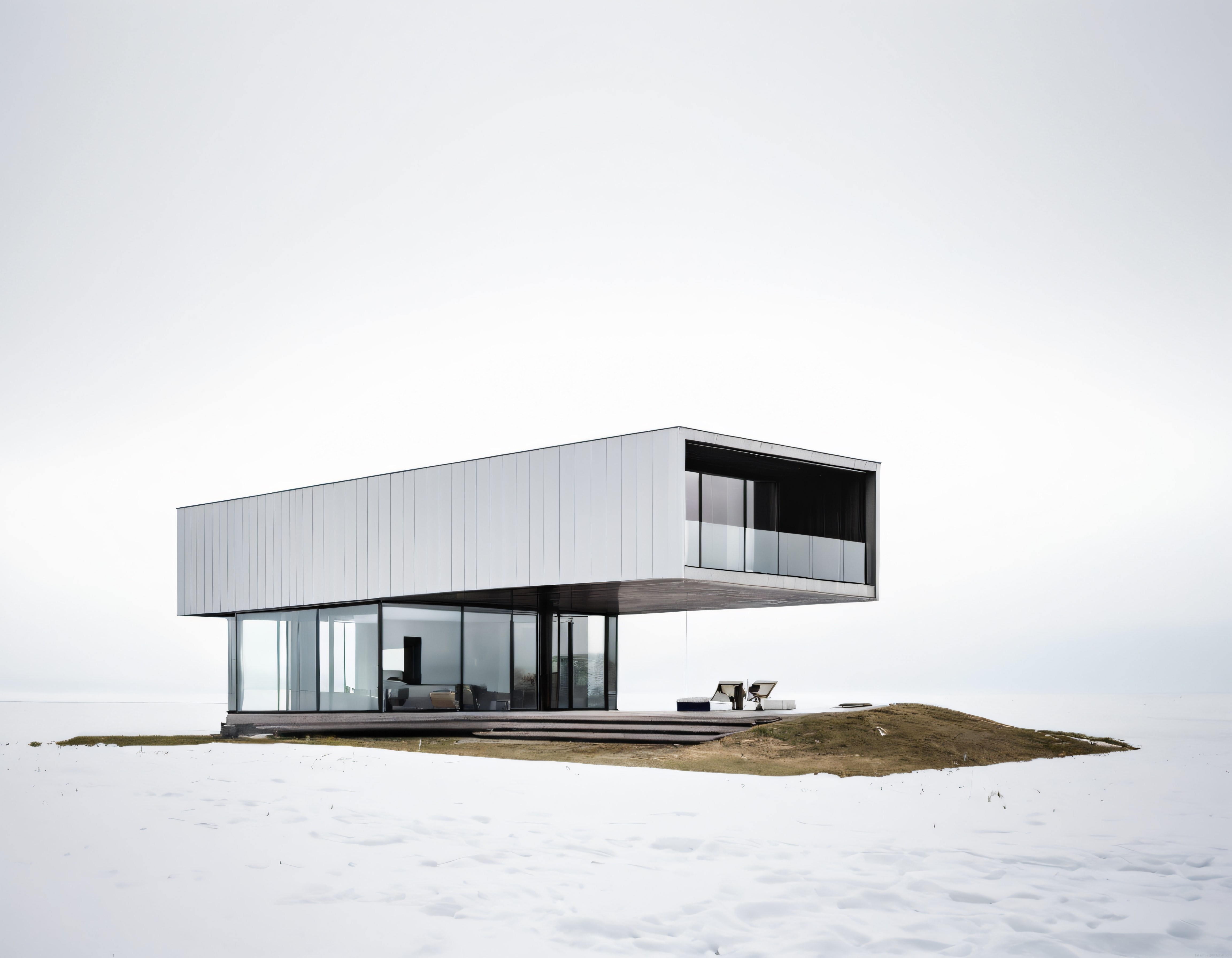Karlı İzole Arazide Asılı Duran Ultra Modern Minimalist Mimari Ev