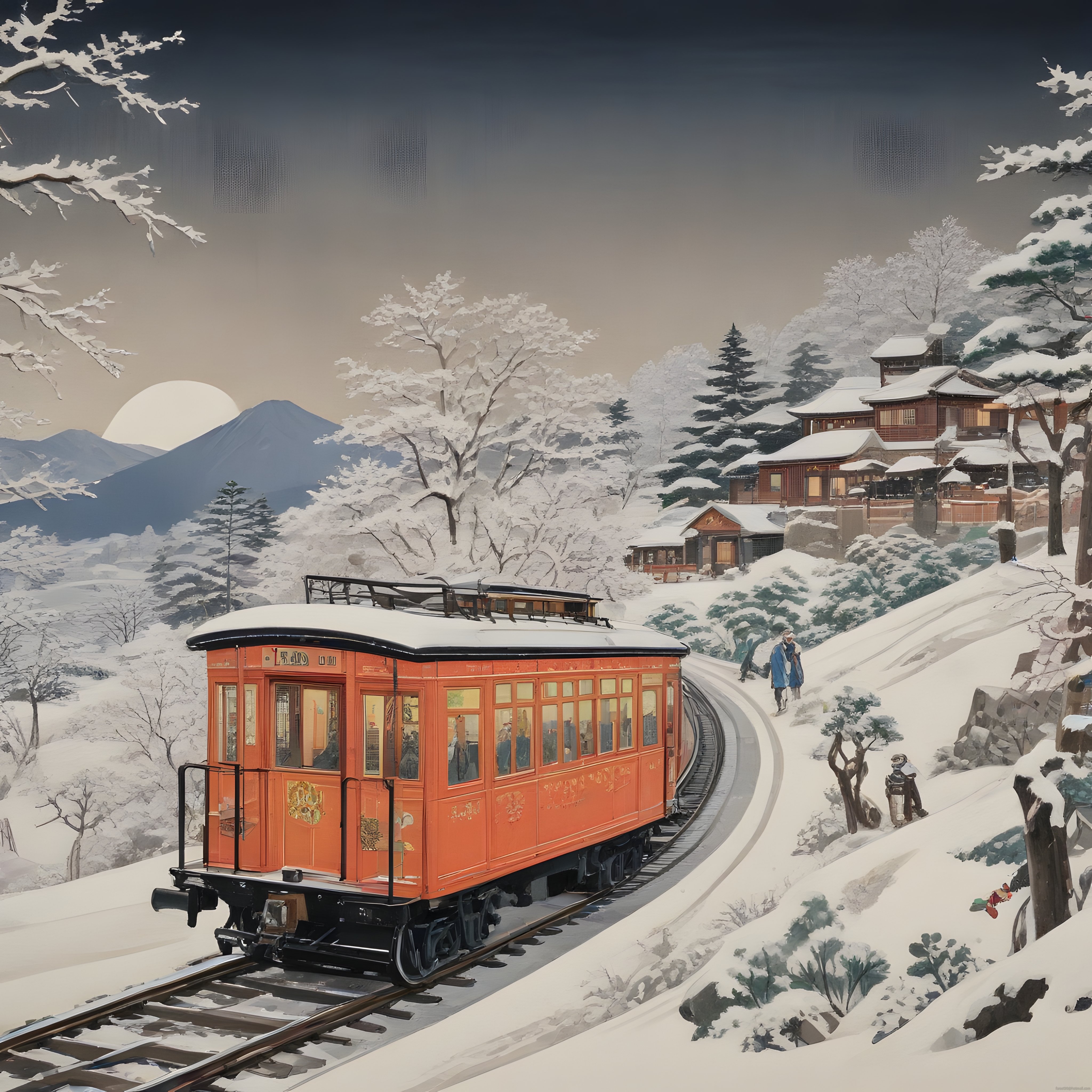 Karlı Japon Dağlarında Nostaljik Tren ve Geleneksel Kış Manzarası