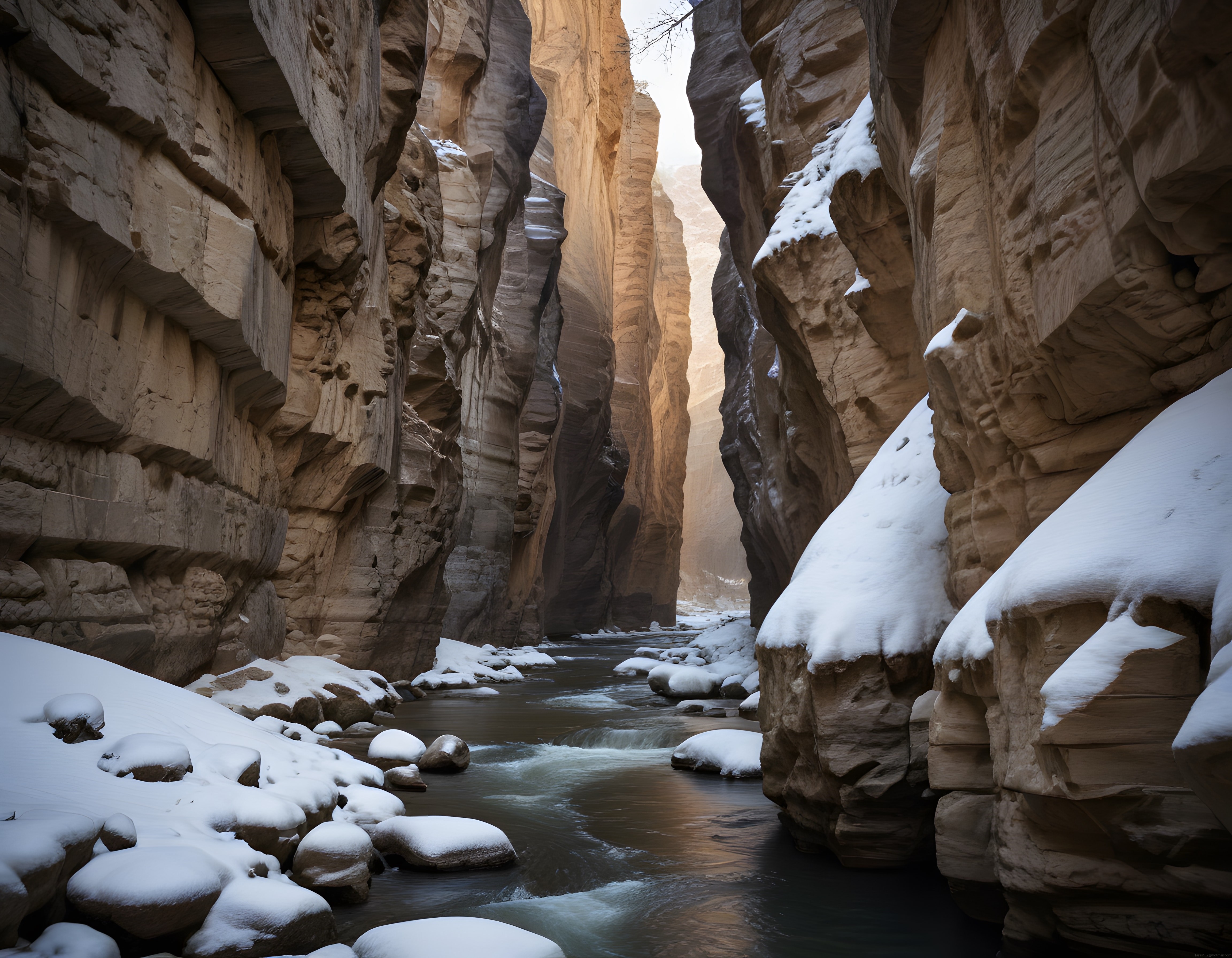 Karlı Kanyon Duvarları Arasında Akan Nehir ve Büyüleyici Kış Manzarası
