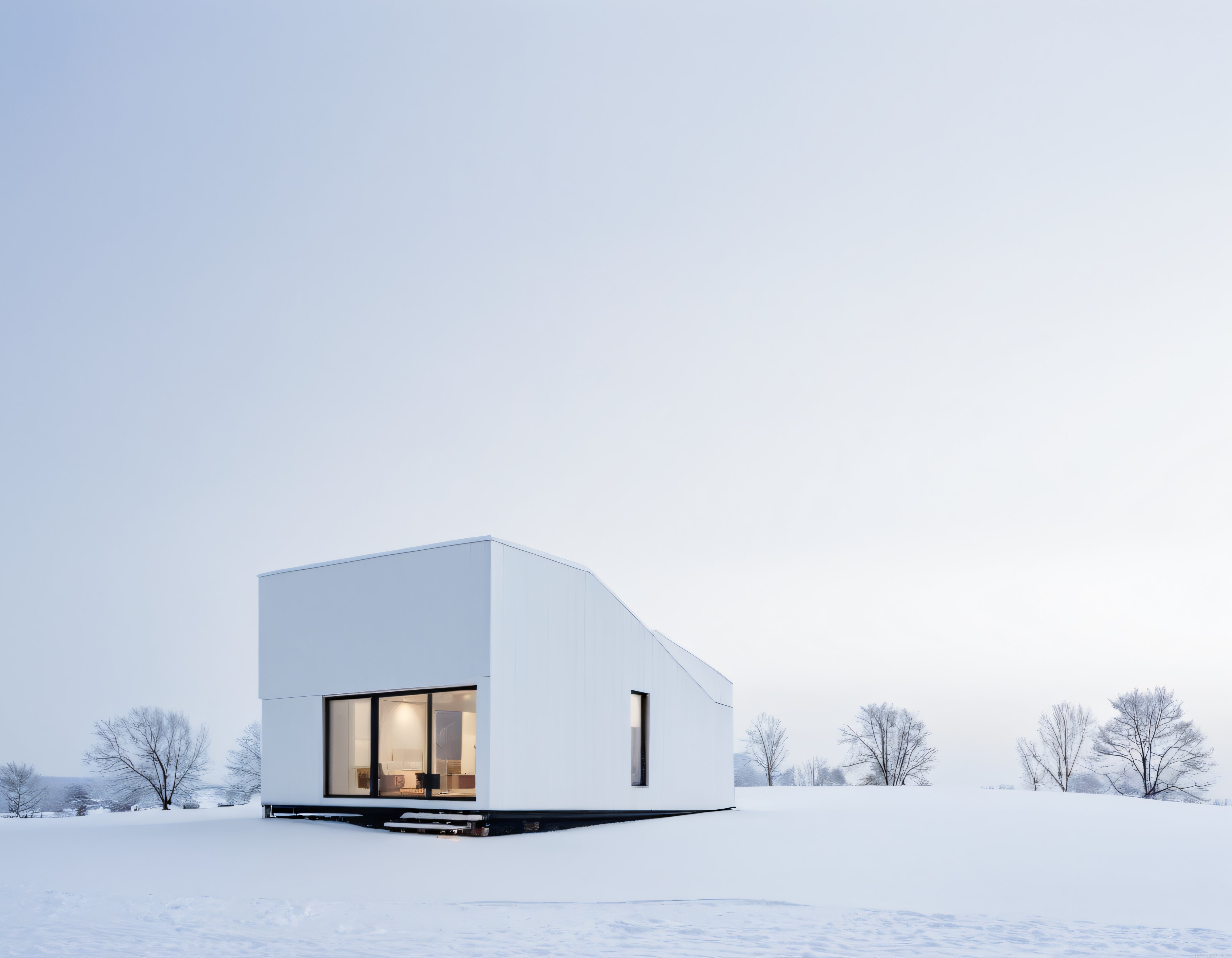 Karlı Kırların Ortasında Yükselen Modern ve Minimalist Beyaz Mimari Harikası