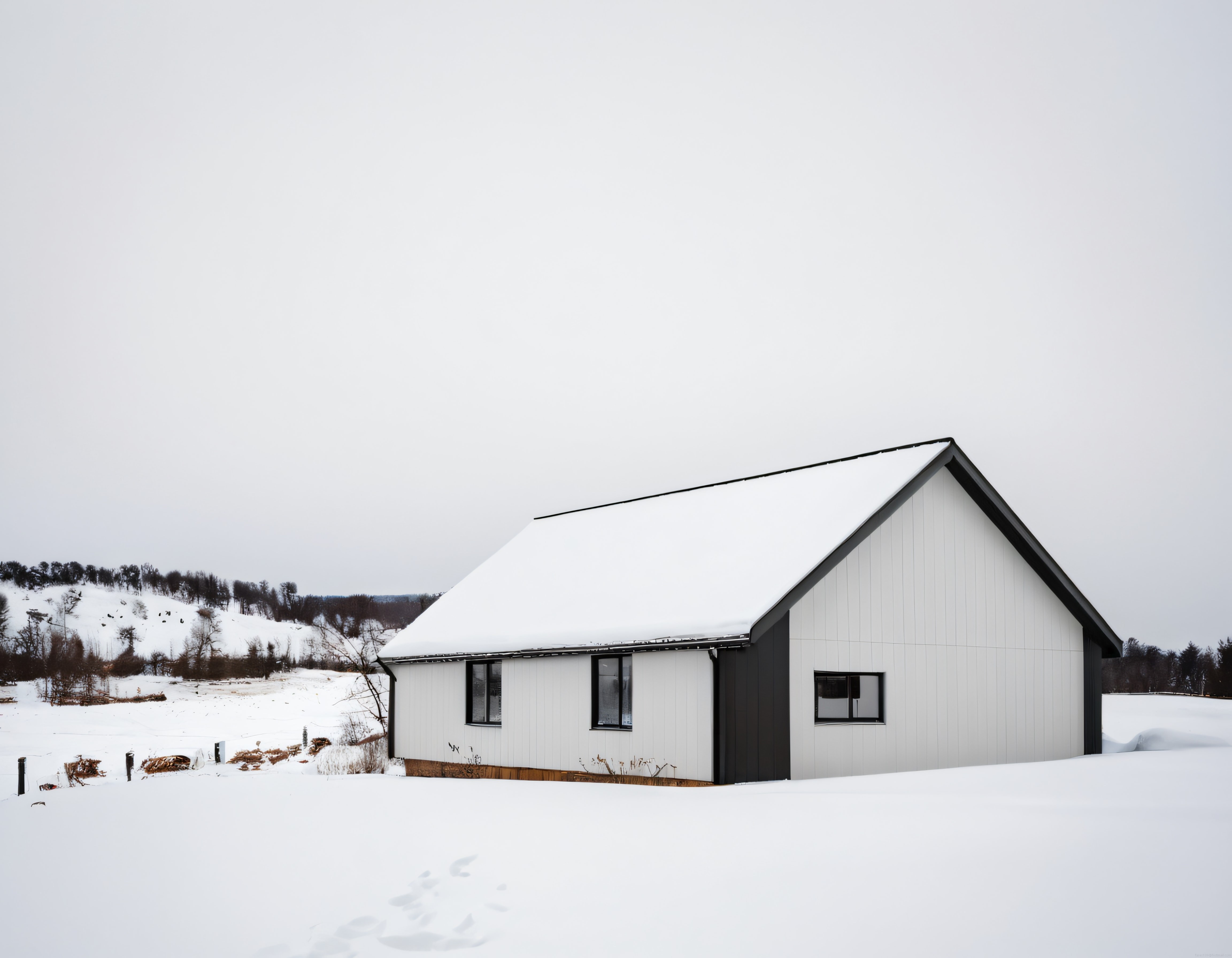 Karlı Kırsalda Modern Minimalist Bir Ev ve Sakin Kış Atmosferi