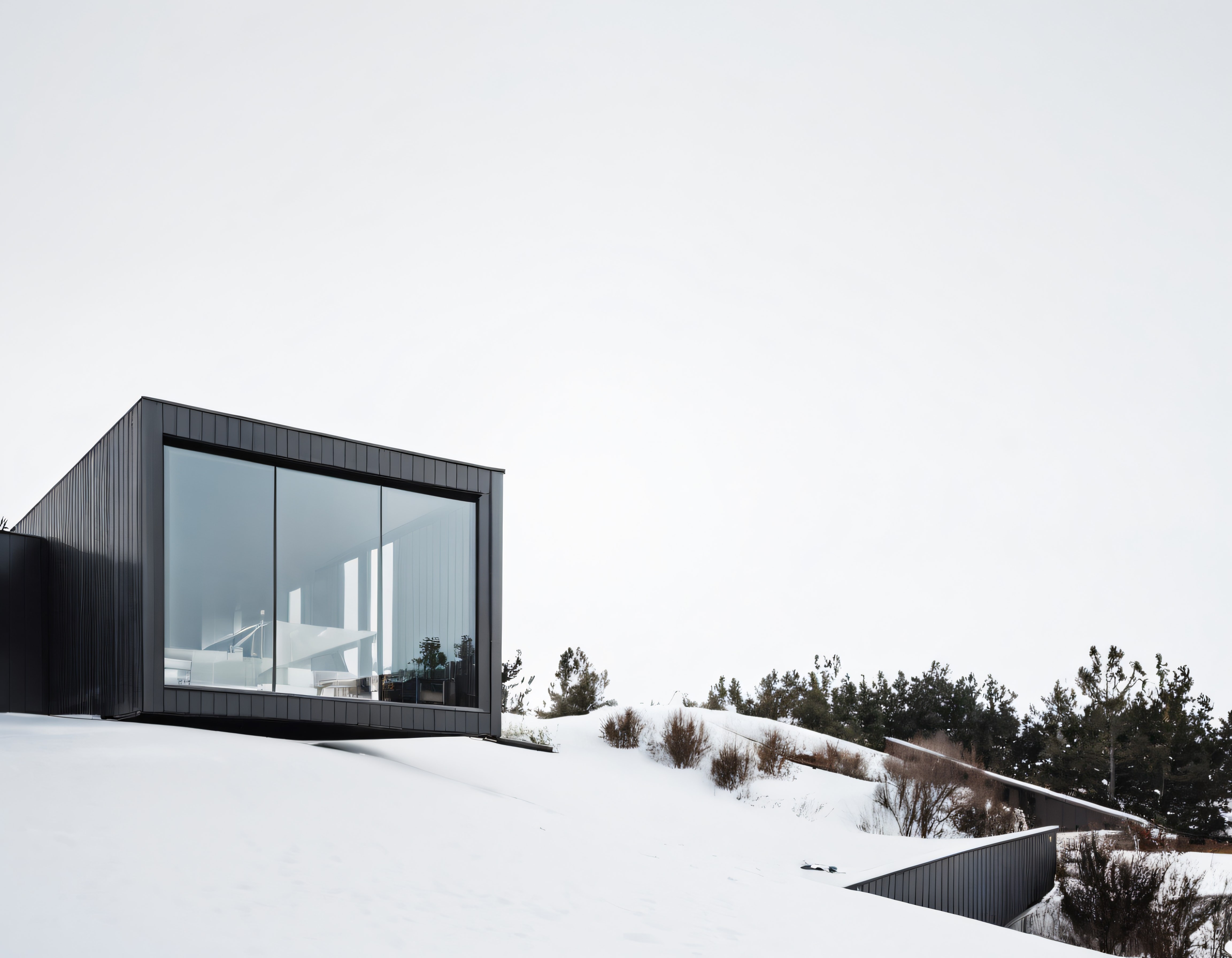 Karlı Kırsalda Siyah Cepheli Modern Minimalist Cam Ev Mimarisi