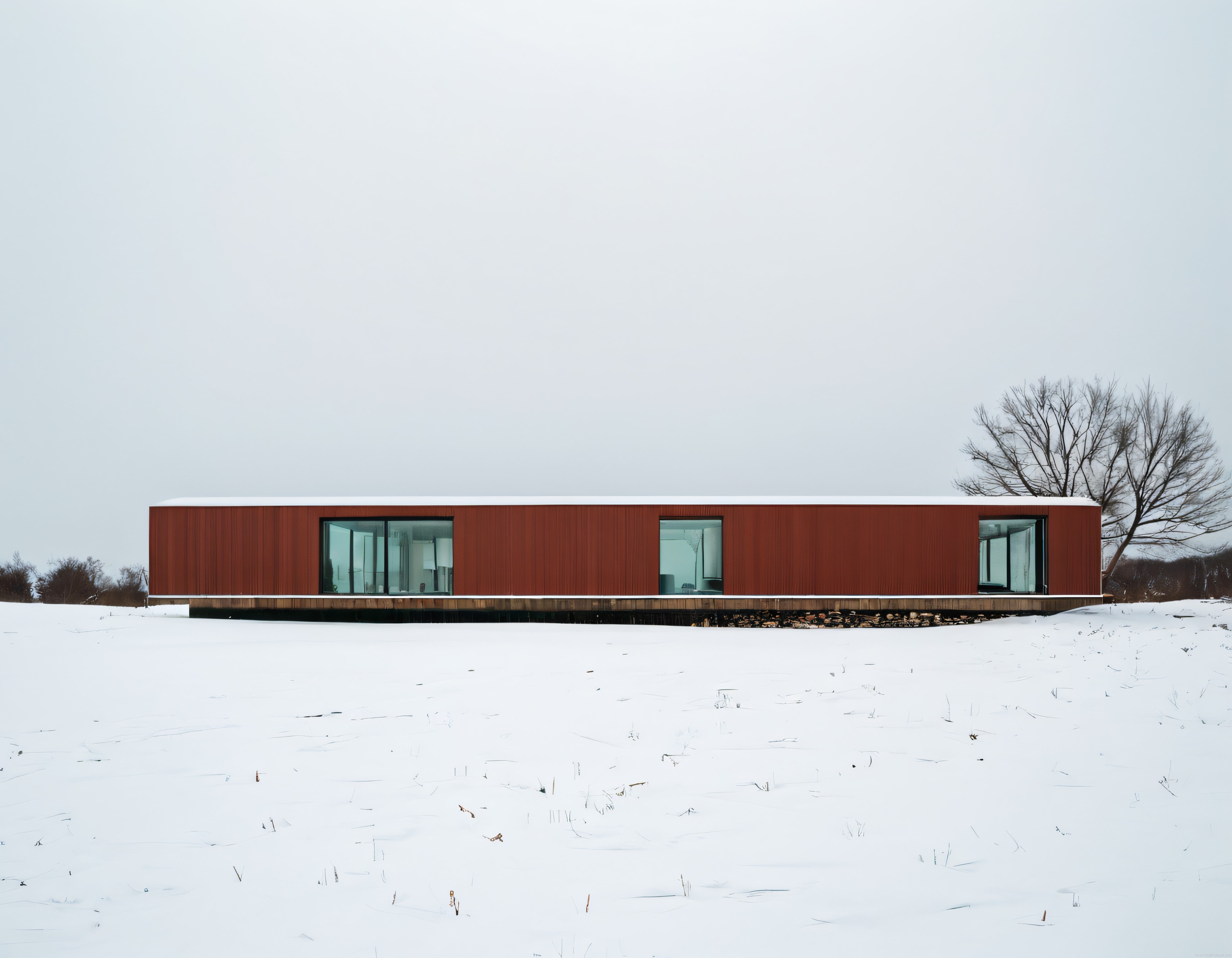 Karlı kırsalda uzanan çelik kaplamalı modern minimalist ev tasarımı