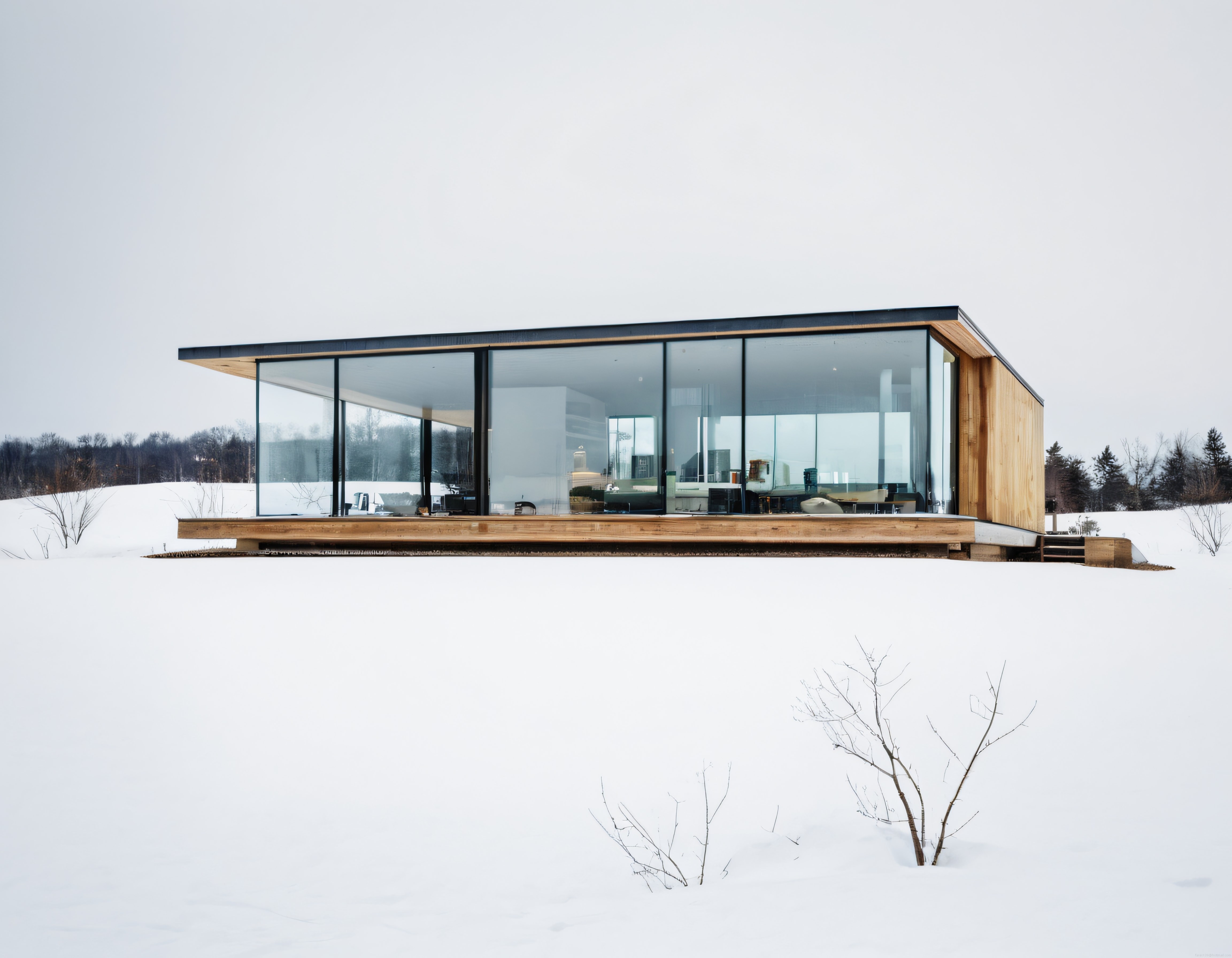 Karlı Kırsalda Yer Alan Büyük Cam Cepheli Modern Minimalist Villa