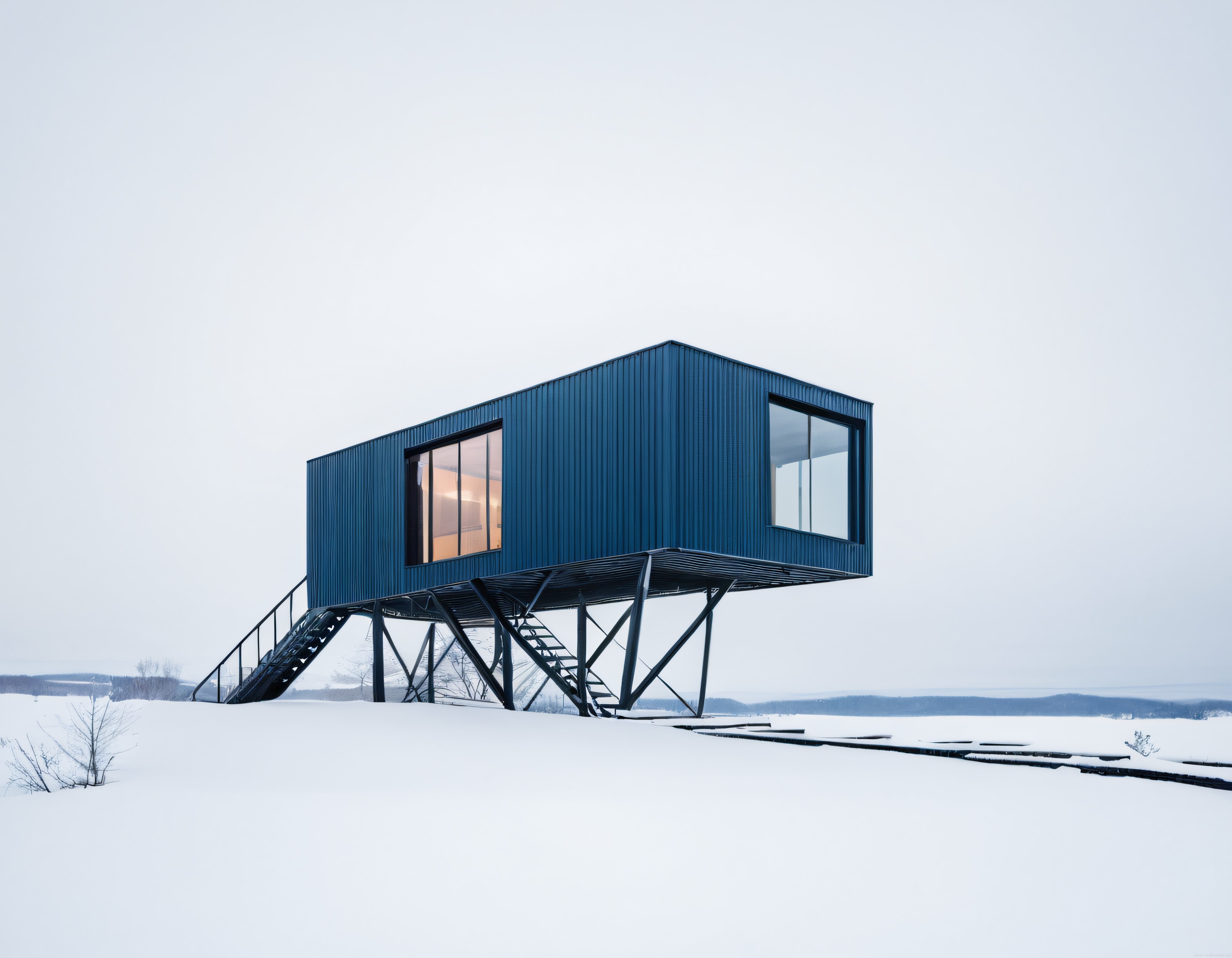Karlı Kırsalda Yükselen Mavi Çelik Konteyner Ev ve Minimalist Mimari Karlı Kırsalda Yükselen Mavi Çelik Konteyner Ev ve Minimalist Mimari