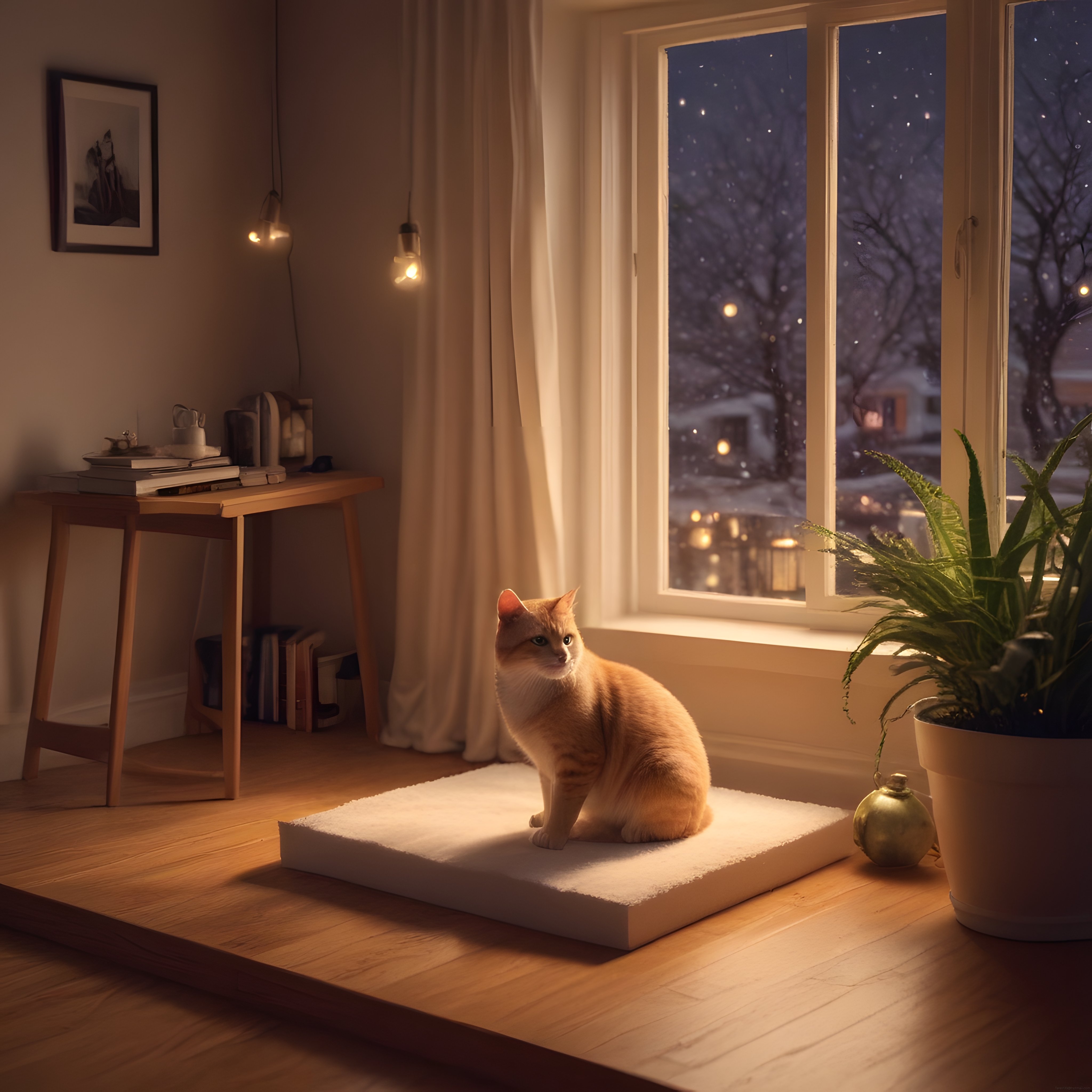 Karlı Kış Akşamında Pencere Önünde Sıcak Ev Ortamında Oturan Sevimli Kedi
