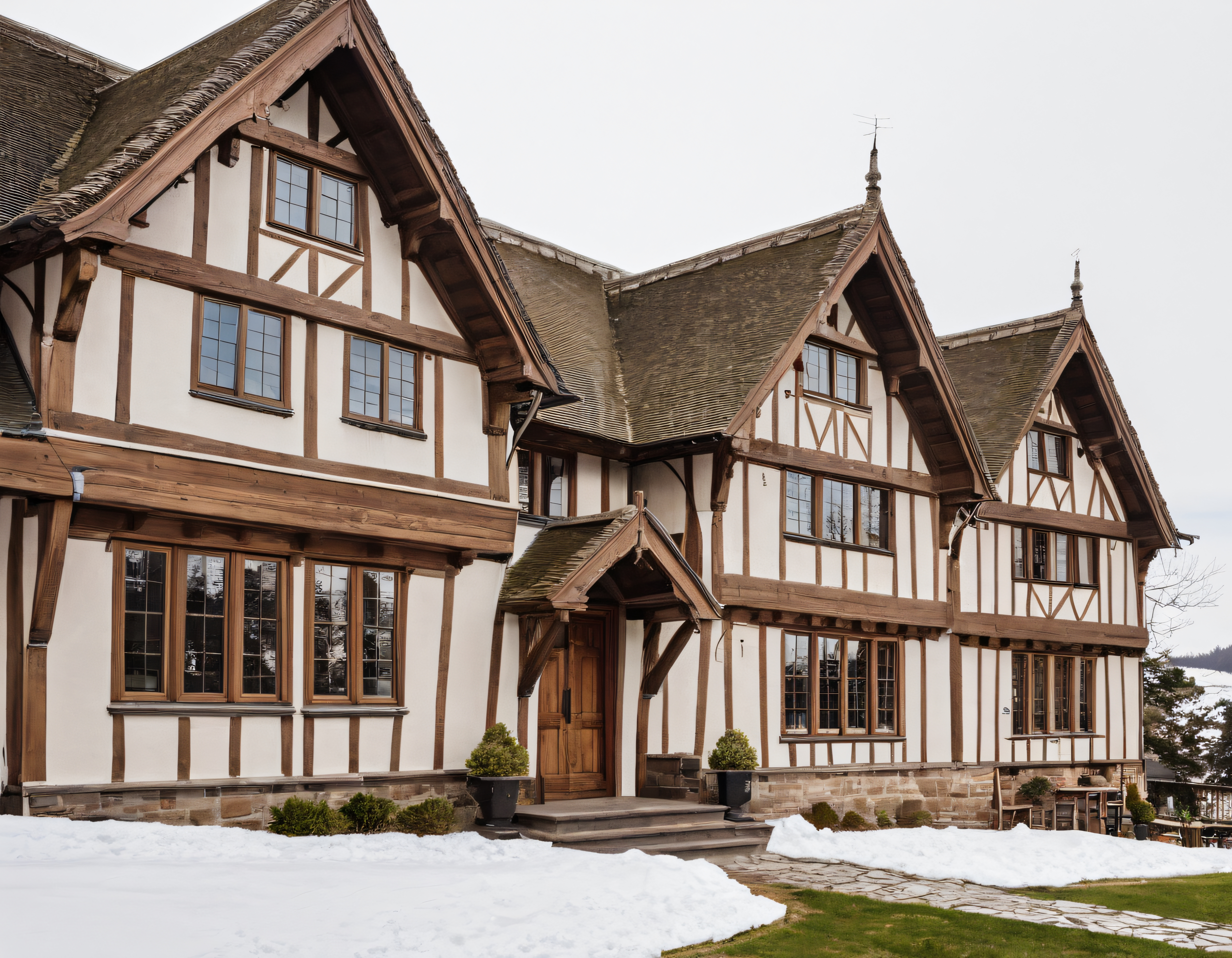 Karlı Kış Atmosferinde Tarihi Tudor Stili Ahşap Karkaslı Malikane Manzarası