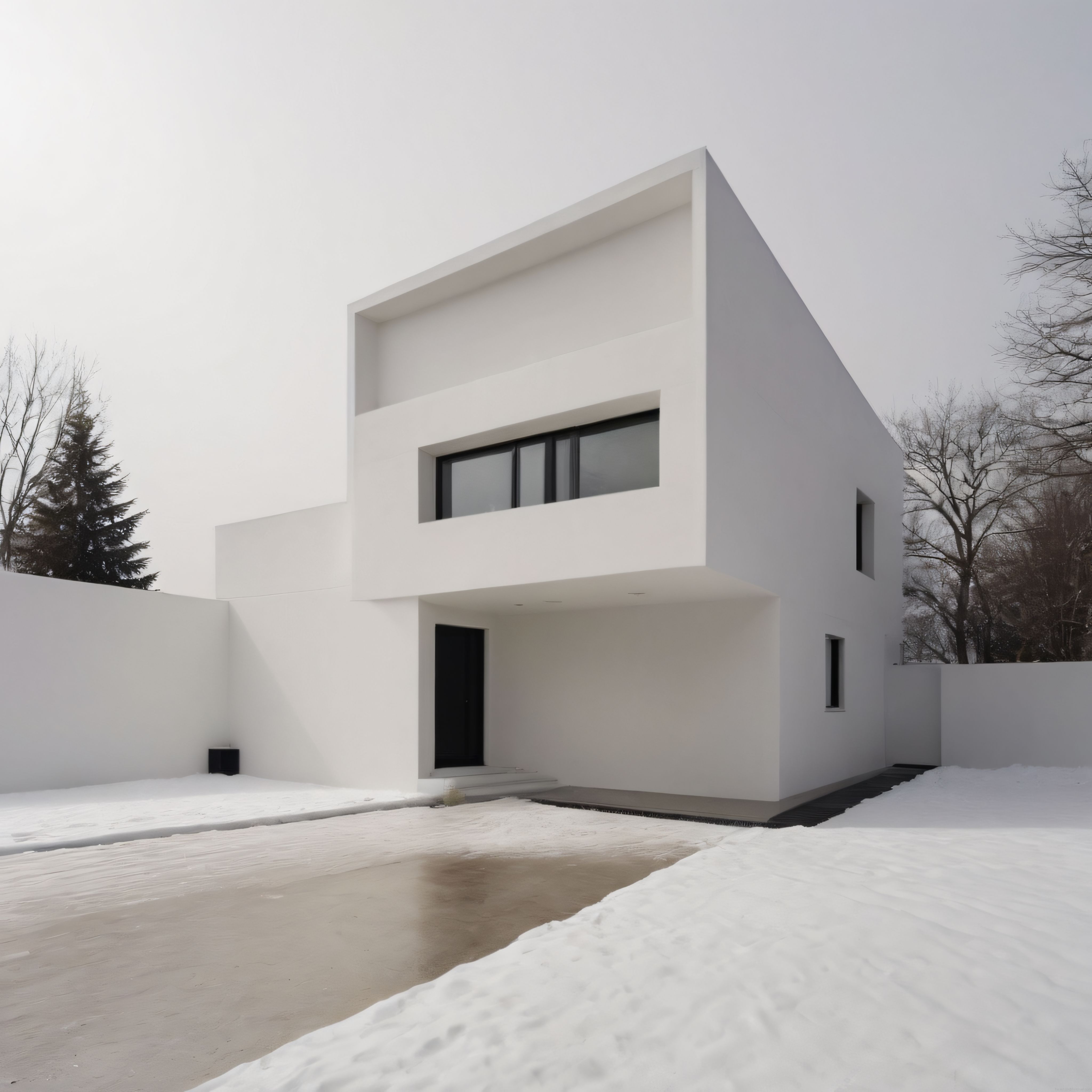 Karlı Kış Gününde Geometrik Çizgili Beyaz Minimalist Modern Villa