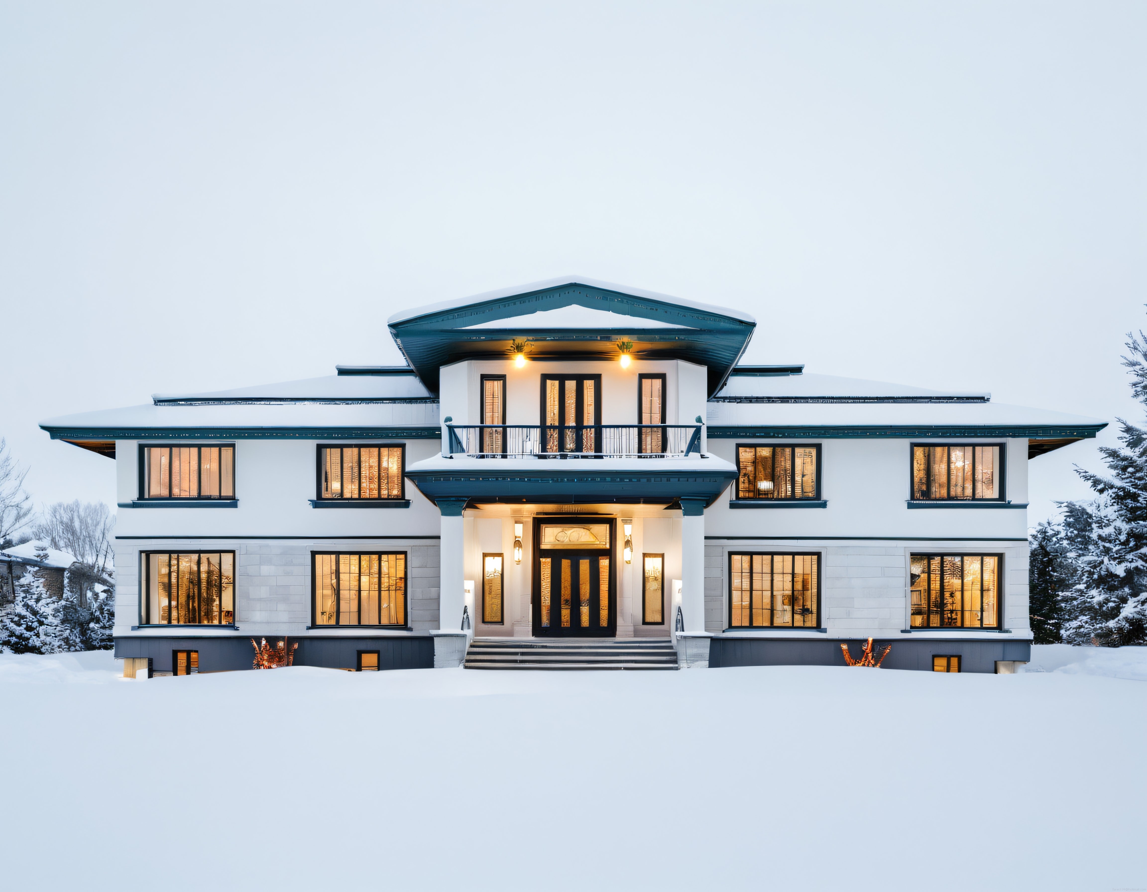 Karlı Kış Gününde Işıkları Yanan Lüks Modern Villa ve Bahçesi