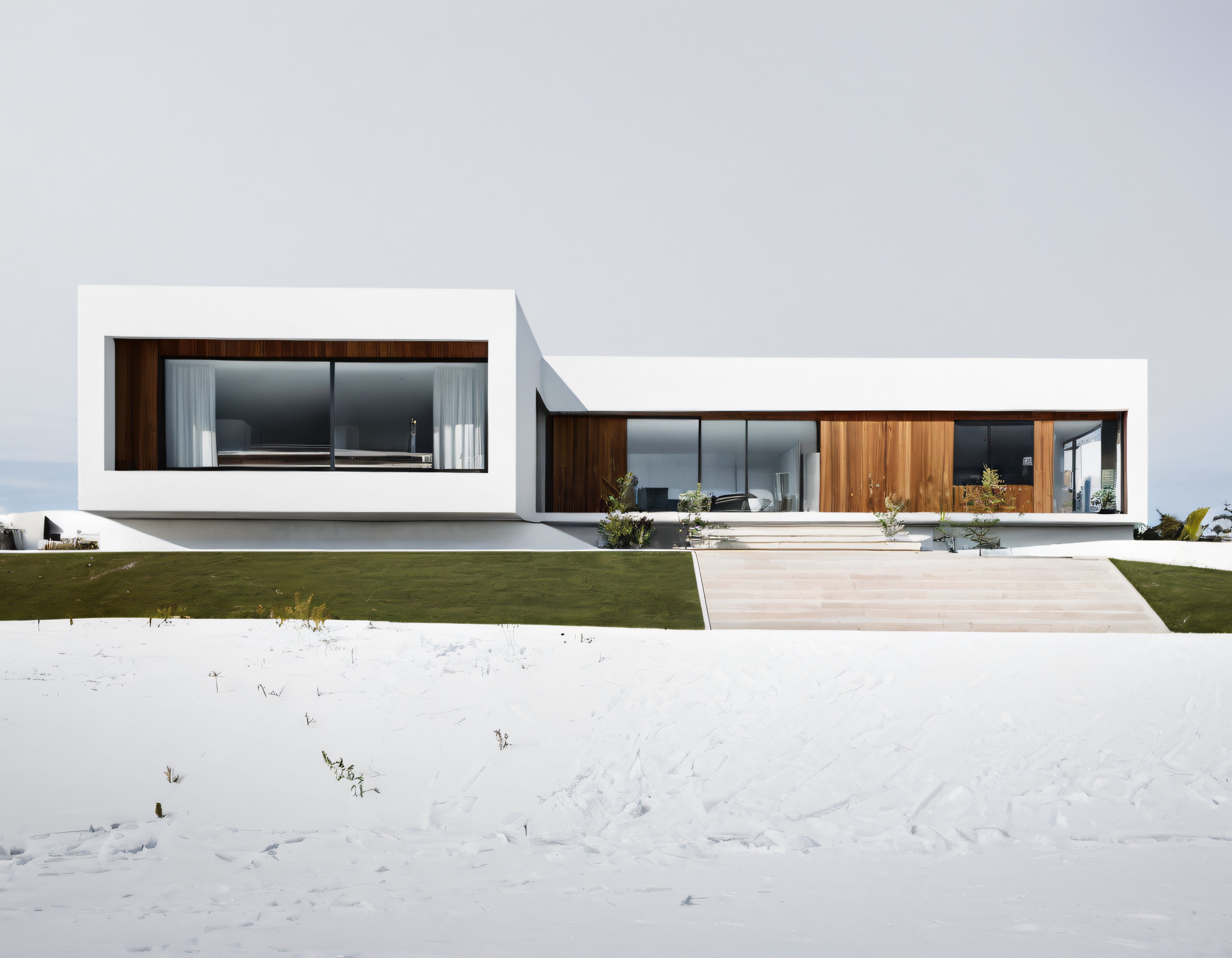 Karlı Kış Gününde Modern Beyaz Villa ve Minimalist Bahçe Tasarımı