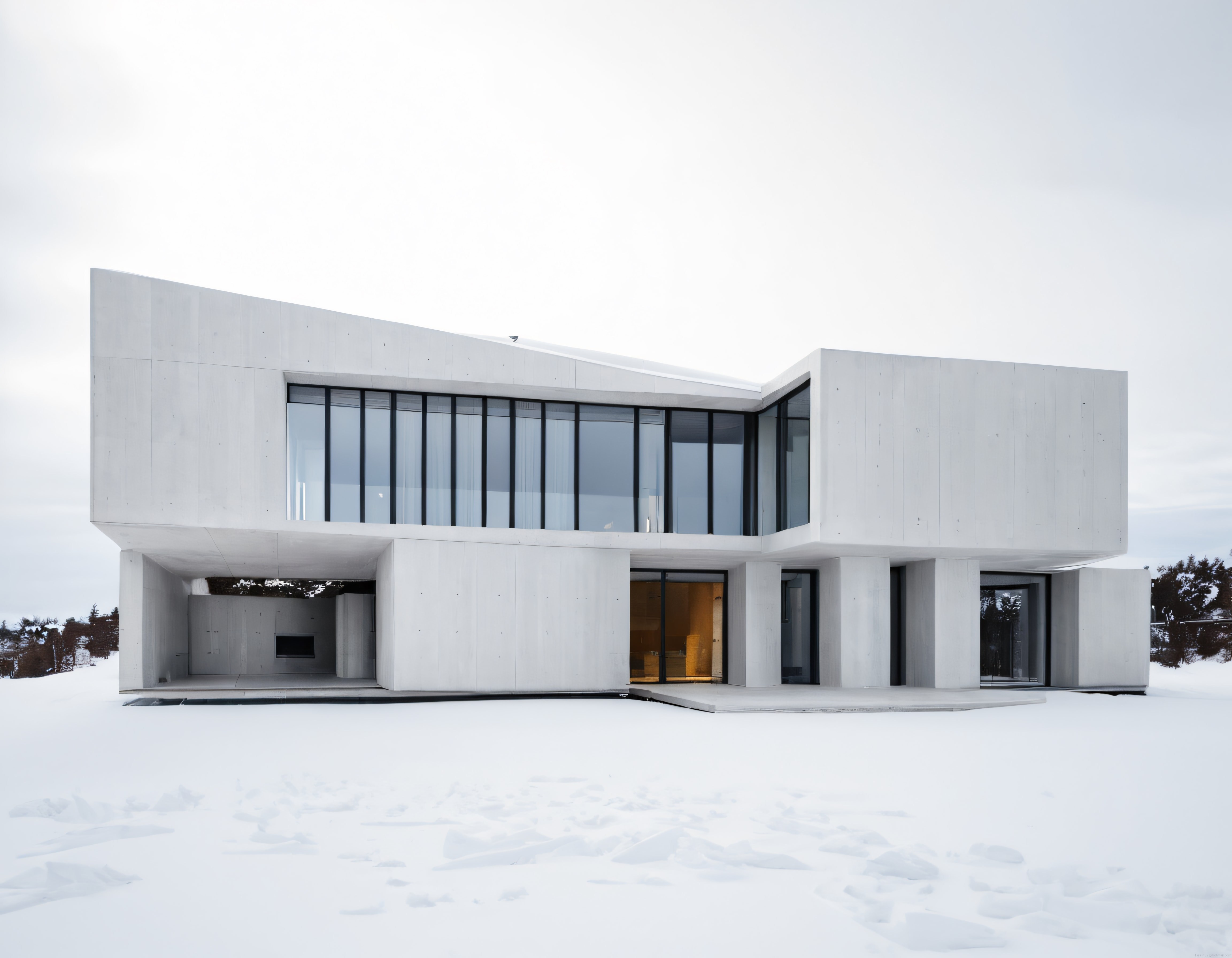 Karlı Kış Manzarasında Cam ve Betonun Uyumu: Modern Minimalist Villa Mimarisi