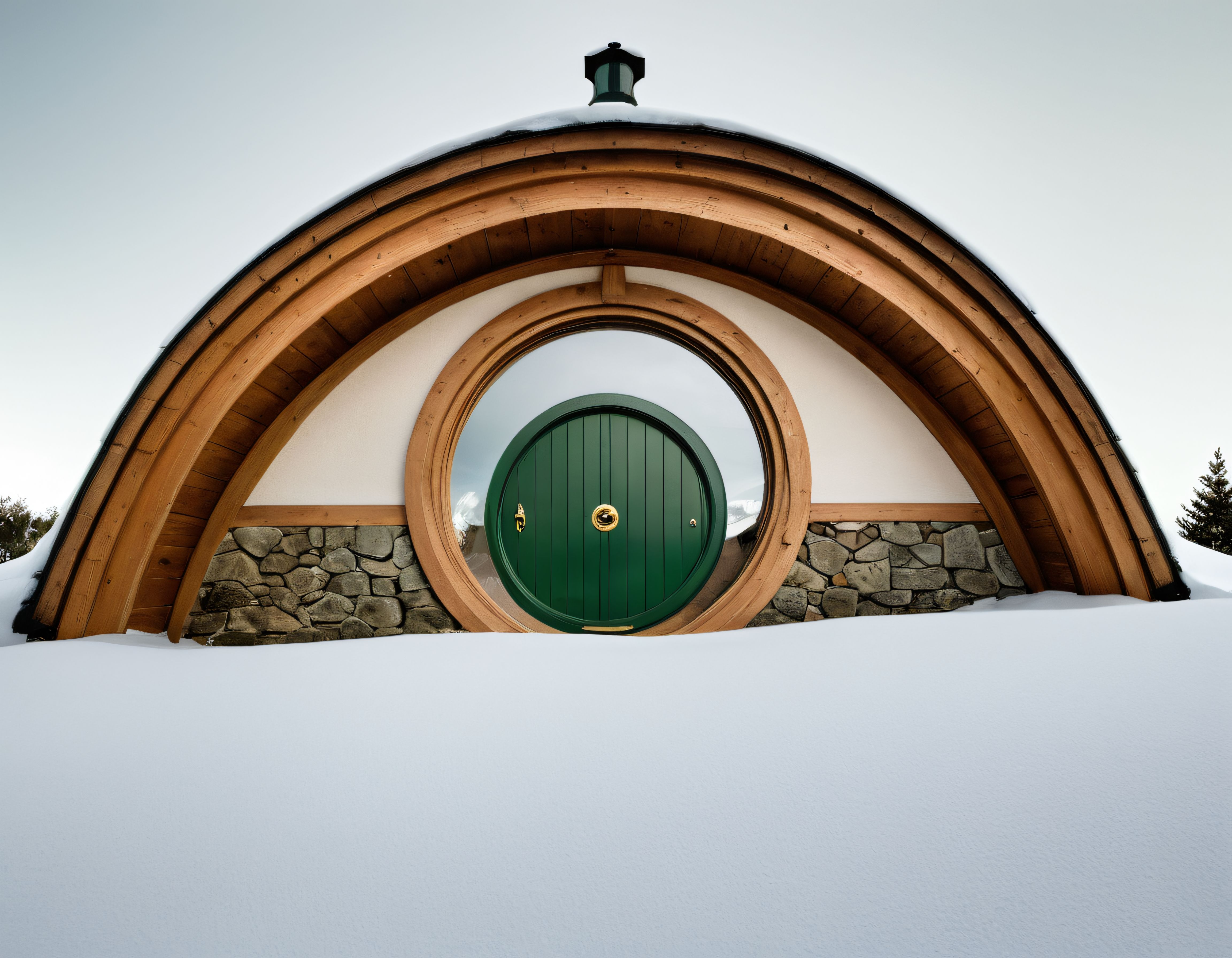Karlı Kış Manzarasında Hobbit Evi Görünümlü Yuvarlak Kapılı Kubbeli Taş Ev