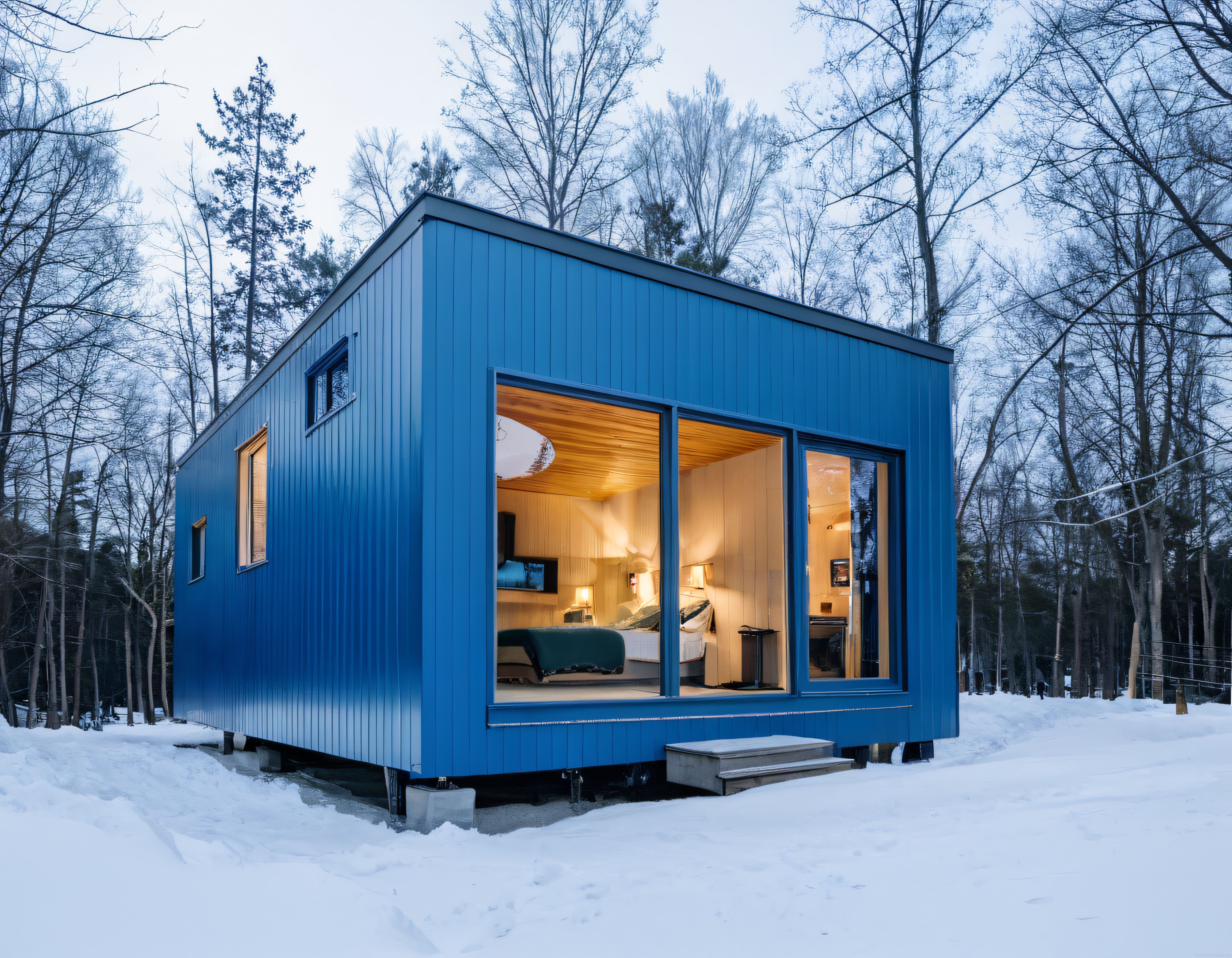 Karlı Kış Ormanında Işıklandırılmış Mavi Prefabrik Tiny House Konsepti