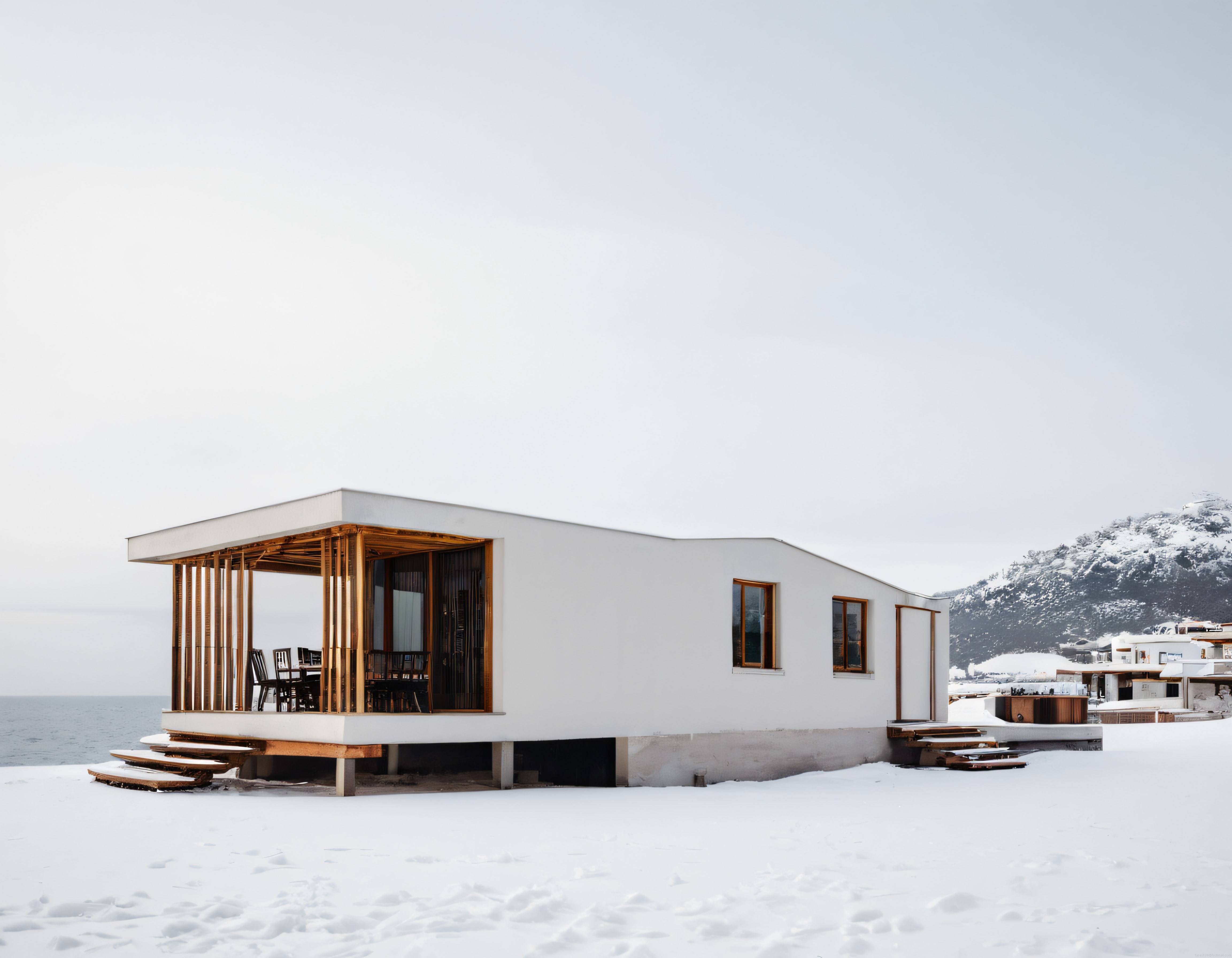 Karlı Kıyıda Ahşap Detaylı Modern Minimalist Ev ve Dağ Panoraması
