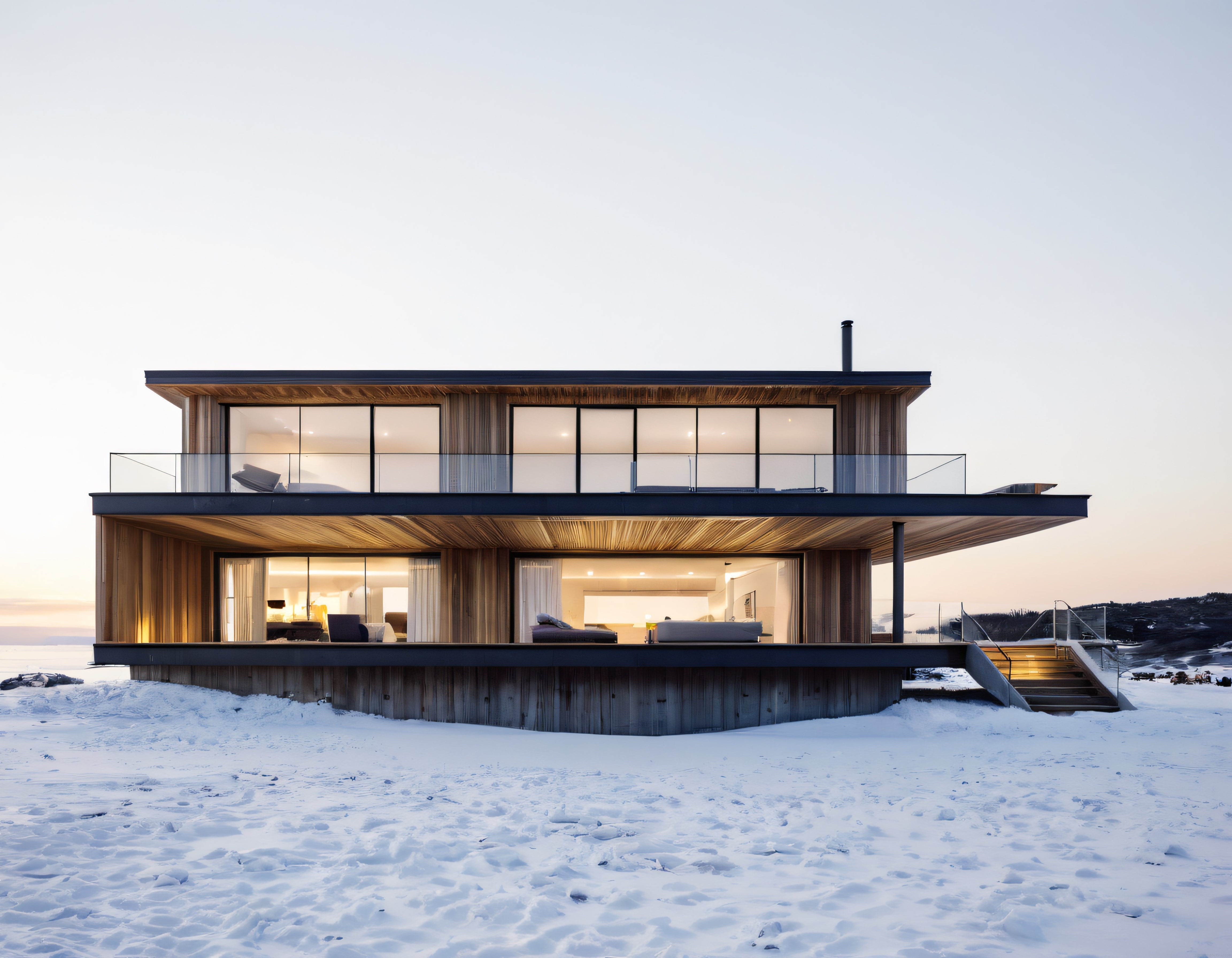 Karlı Kıyıda Modern Minimalist Villa ve Sessiz Gün Batımı Atmosferi