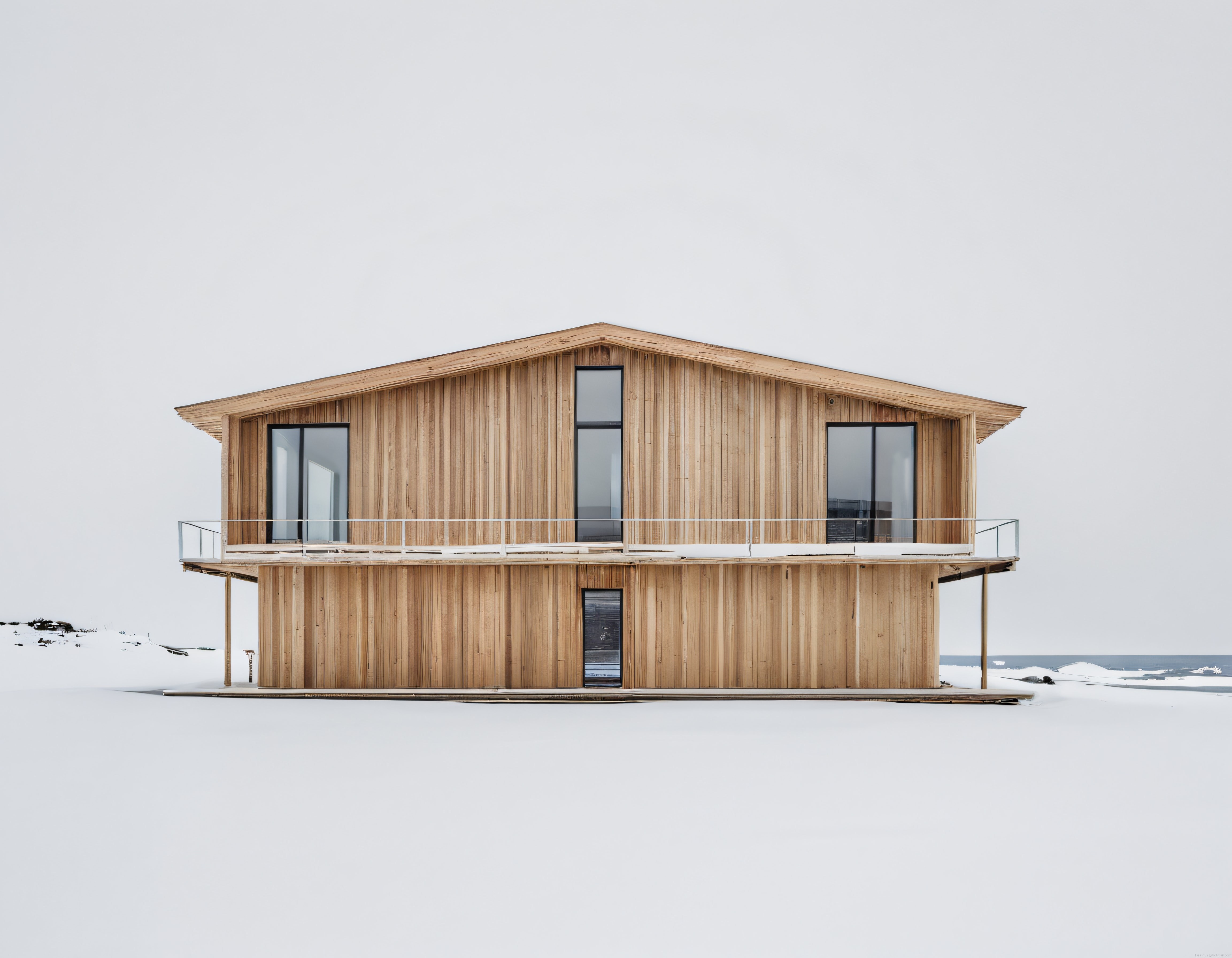 Karlı Kıyıda Yükselen Modern Ahşap Ev ve Minimalist Kış Manzarası