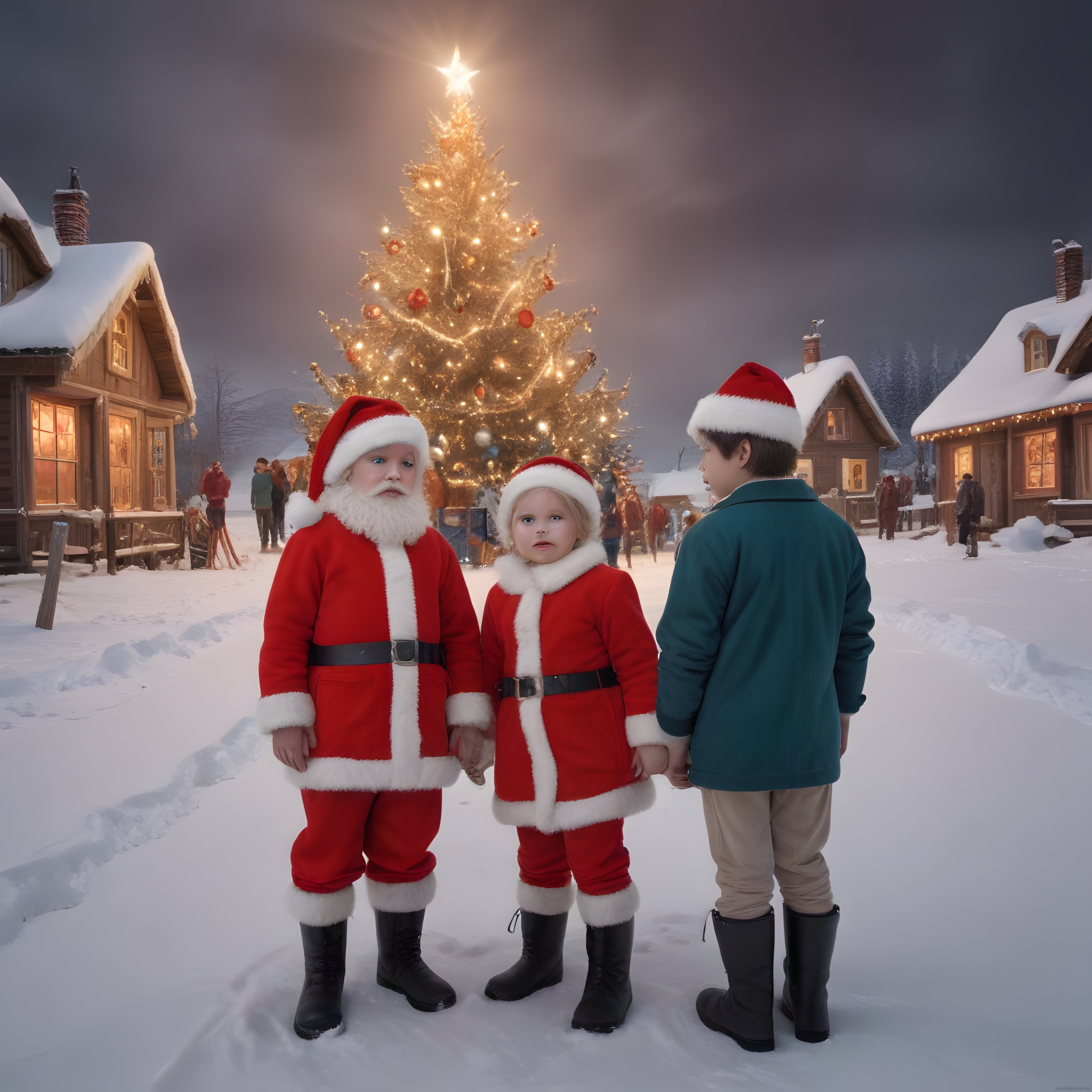 Karlı Köy Meydanında Işıklı Noel Ağacı Önünde Kostümlü Çocuklar ve Kış Masalı
