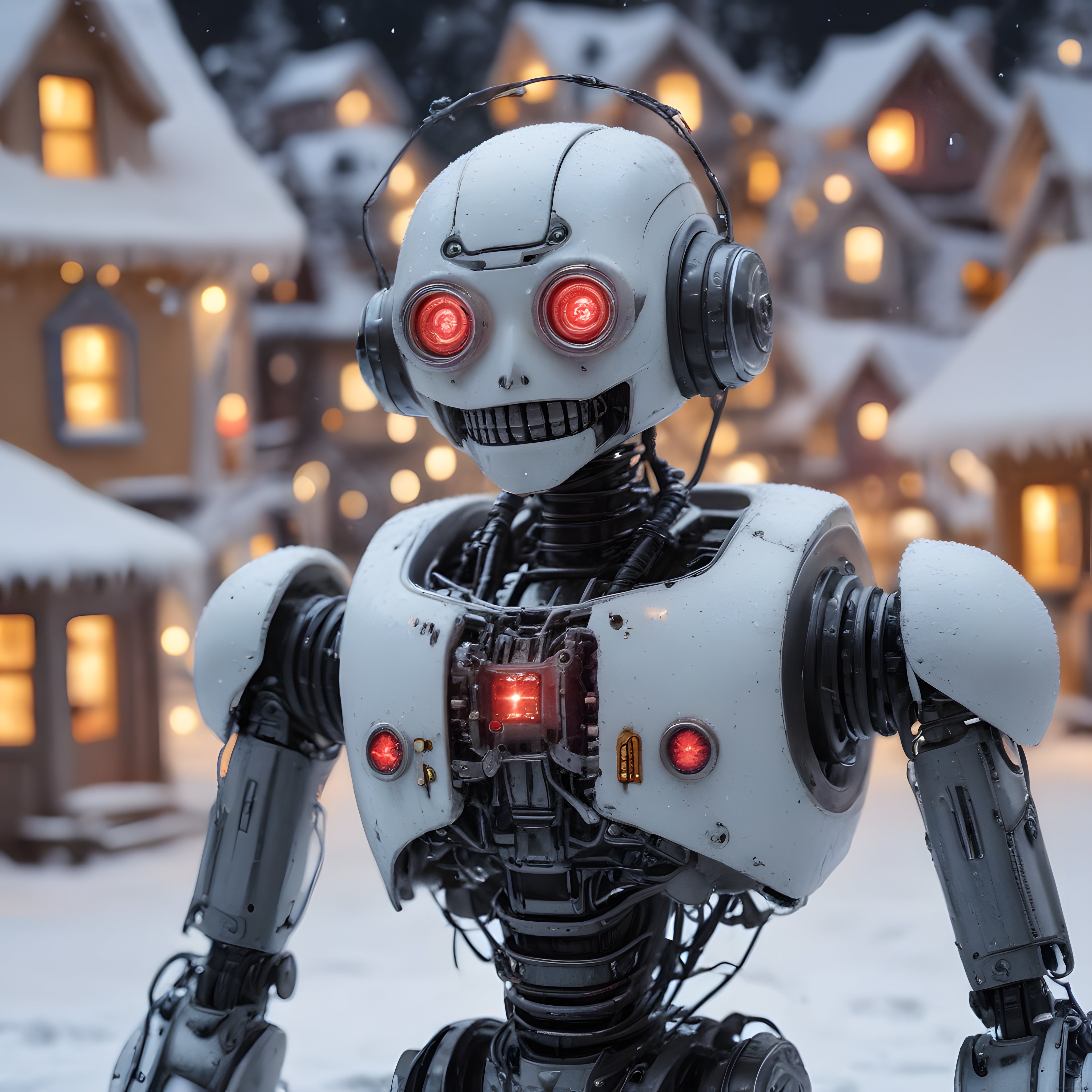 Karlı Köyde Işıldayan Gözlü Robot: Kış Masalı ve Fütüristik Teknoloji Bir Arada