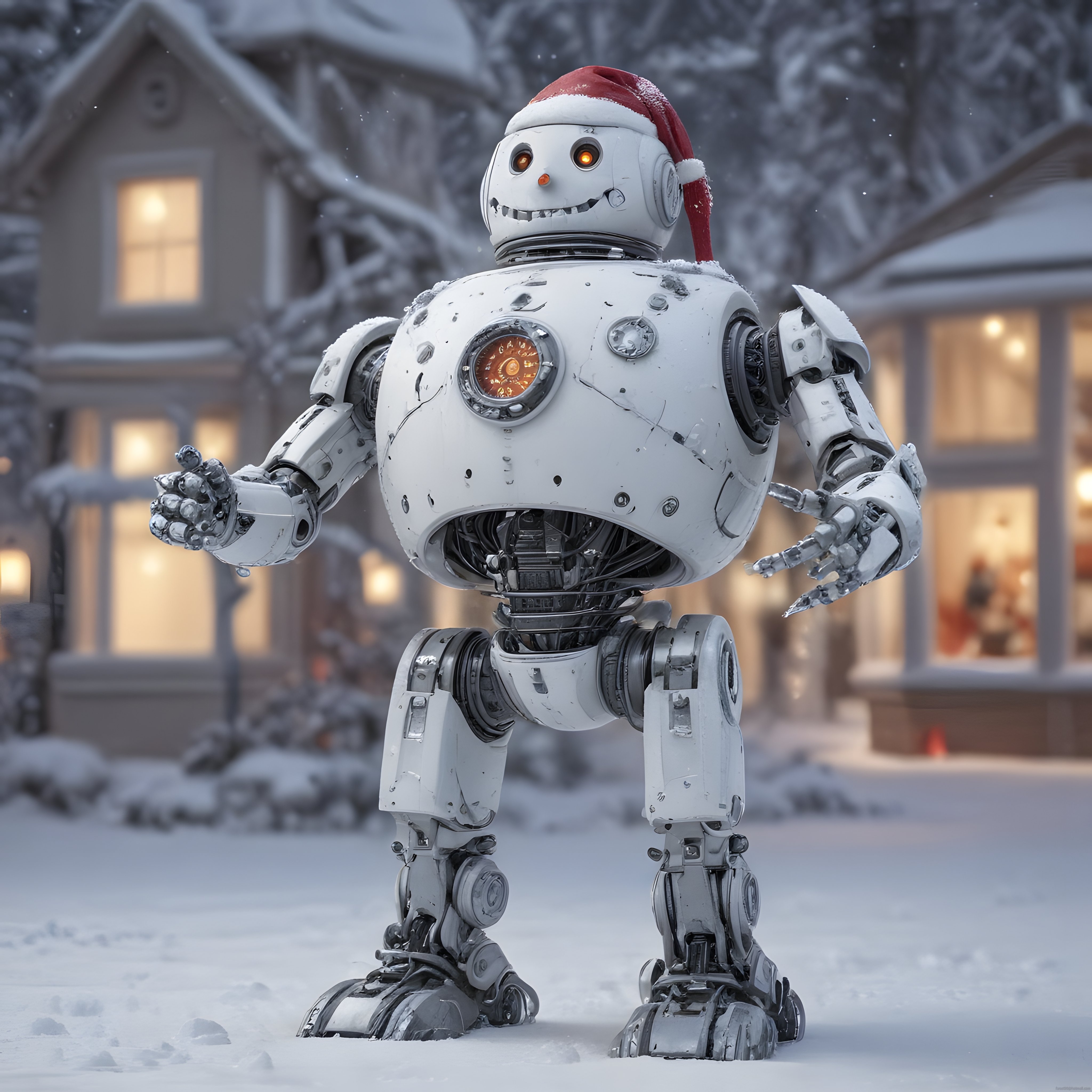 Karlı köyde noel şapkalı kardan adam görünümlü robotun masalsı görüntüsü