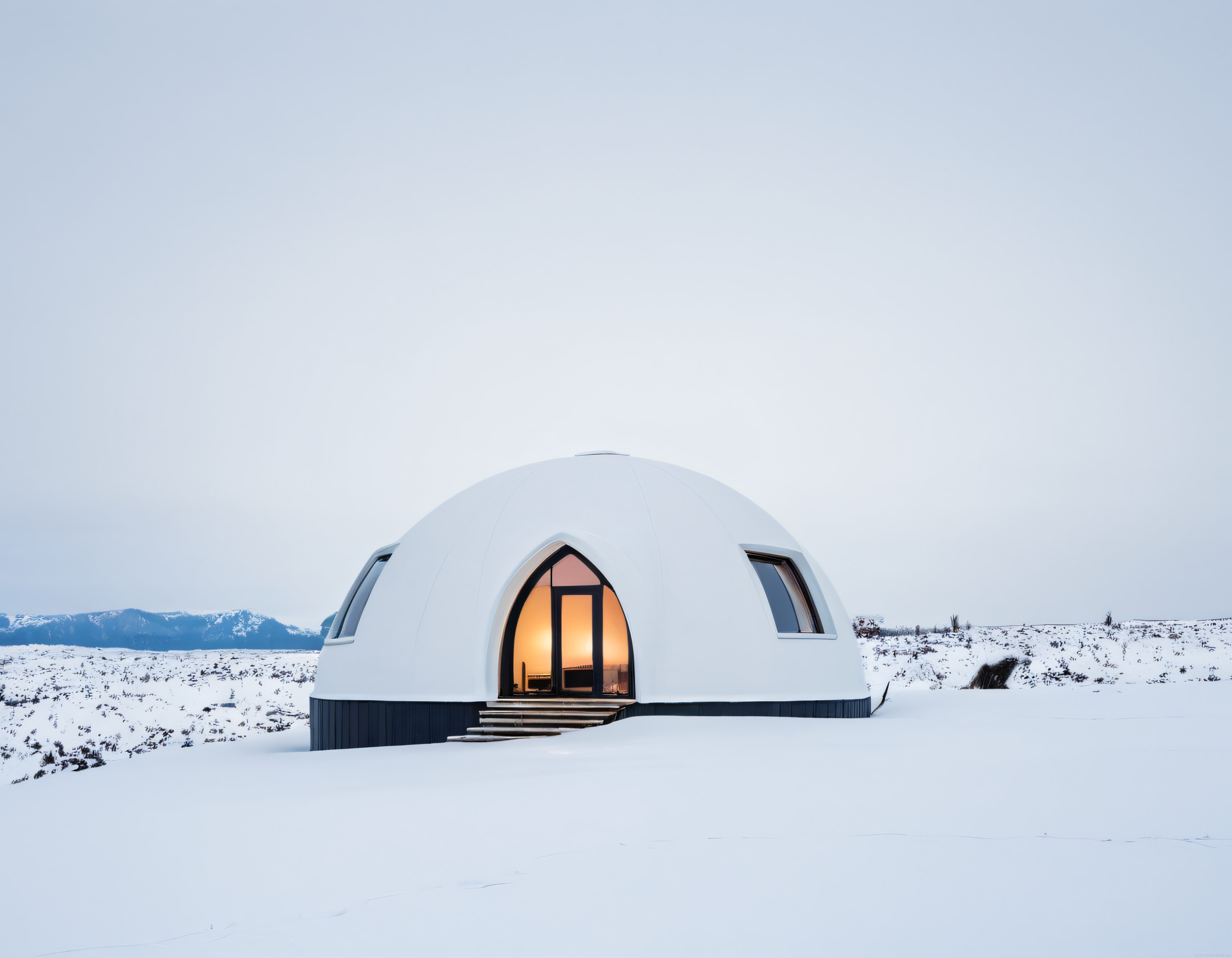 Karlı Kuzey Manzarasında Modern Kubbe Ev ve Sıcak Işıltılı Glamping Keyfi