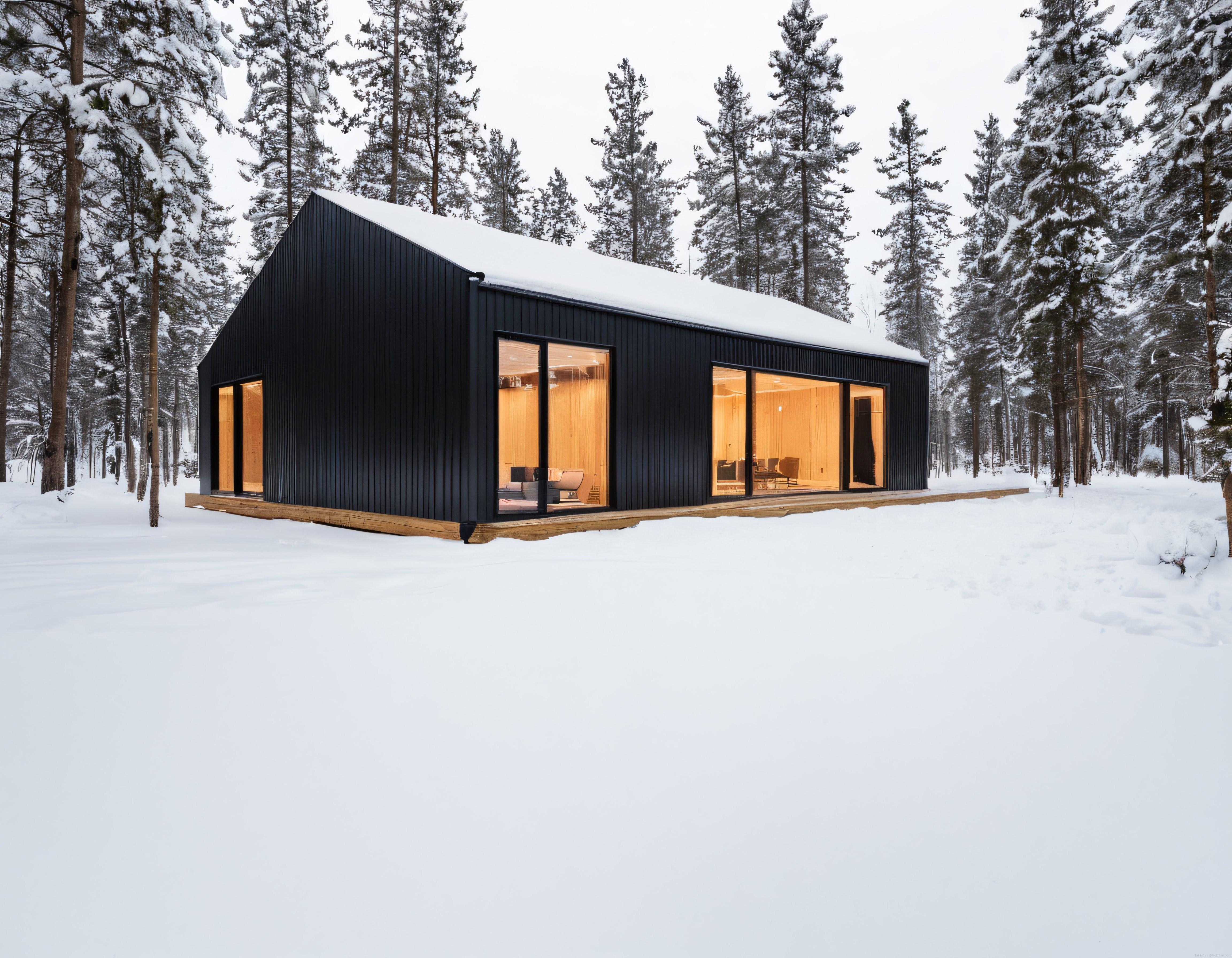 Karlı Kuzey Ormanında Siyah Cepheli Modern Minimalist Dağ Evi Görünümü