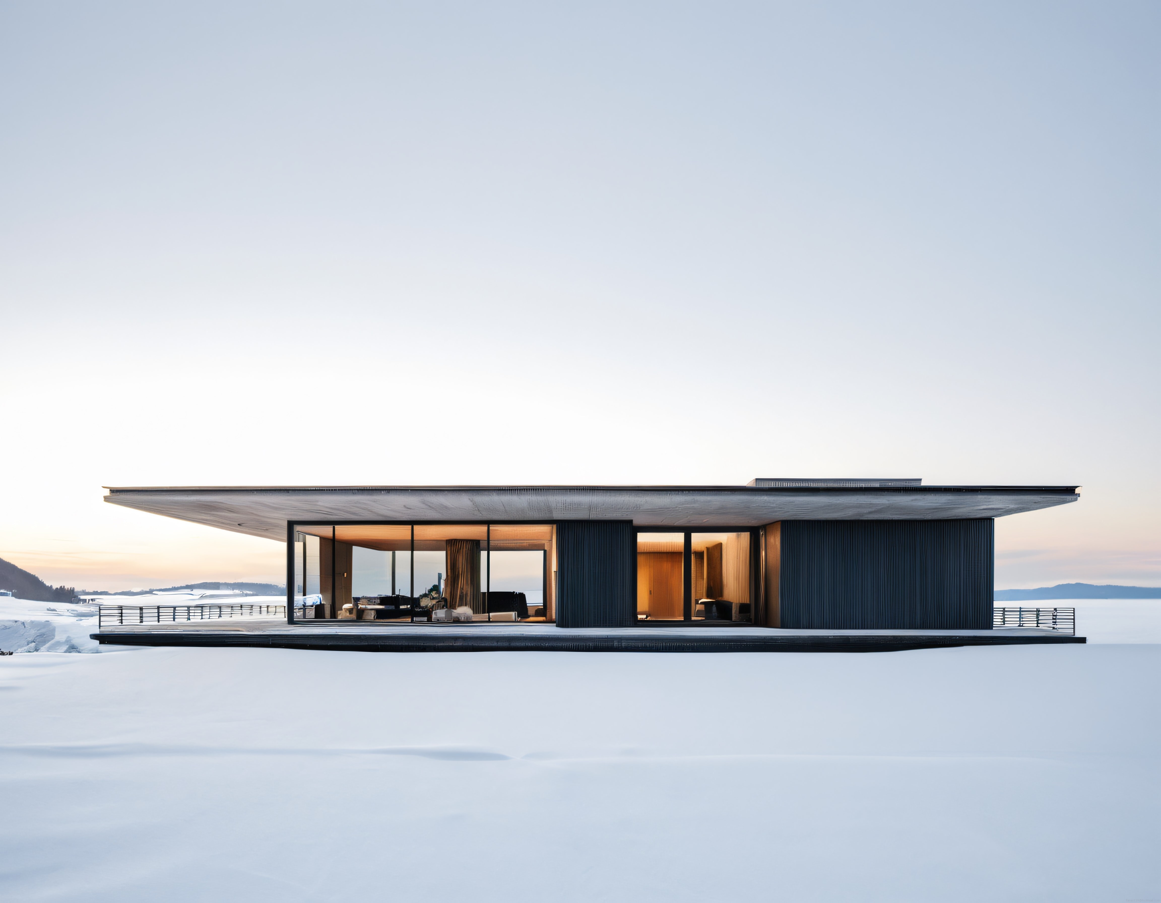 Karlı Manzarada Cam Duvarlı Modern Villa ve Sakin Kış Atmosferi