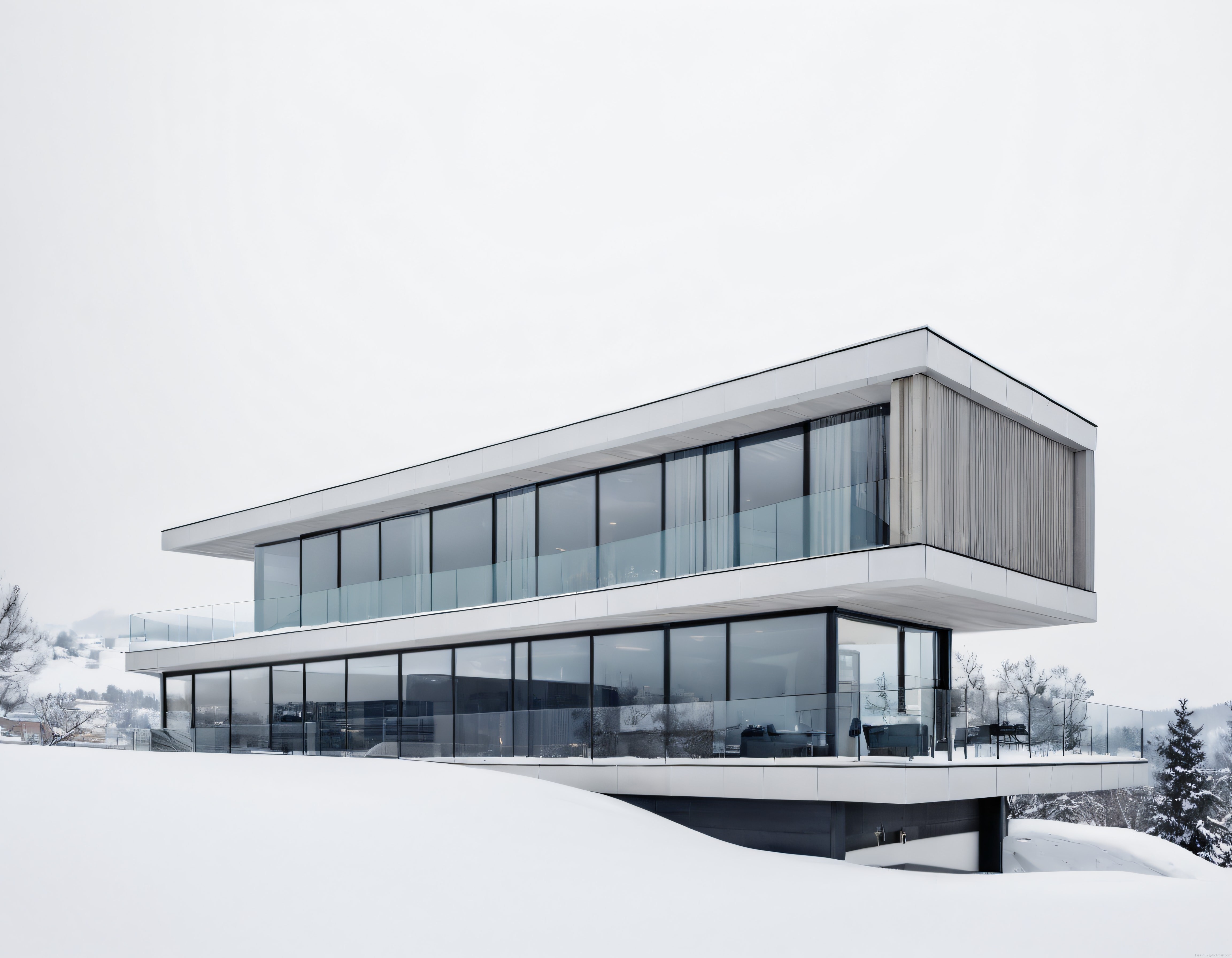 Karlı Manzarada Çift Katlı Modern Cam Villa ve Çarpıcı Minimalist Tasarım