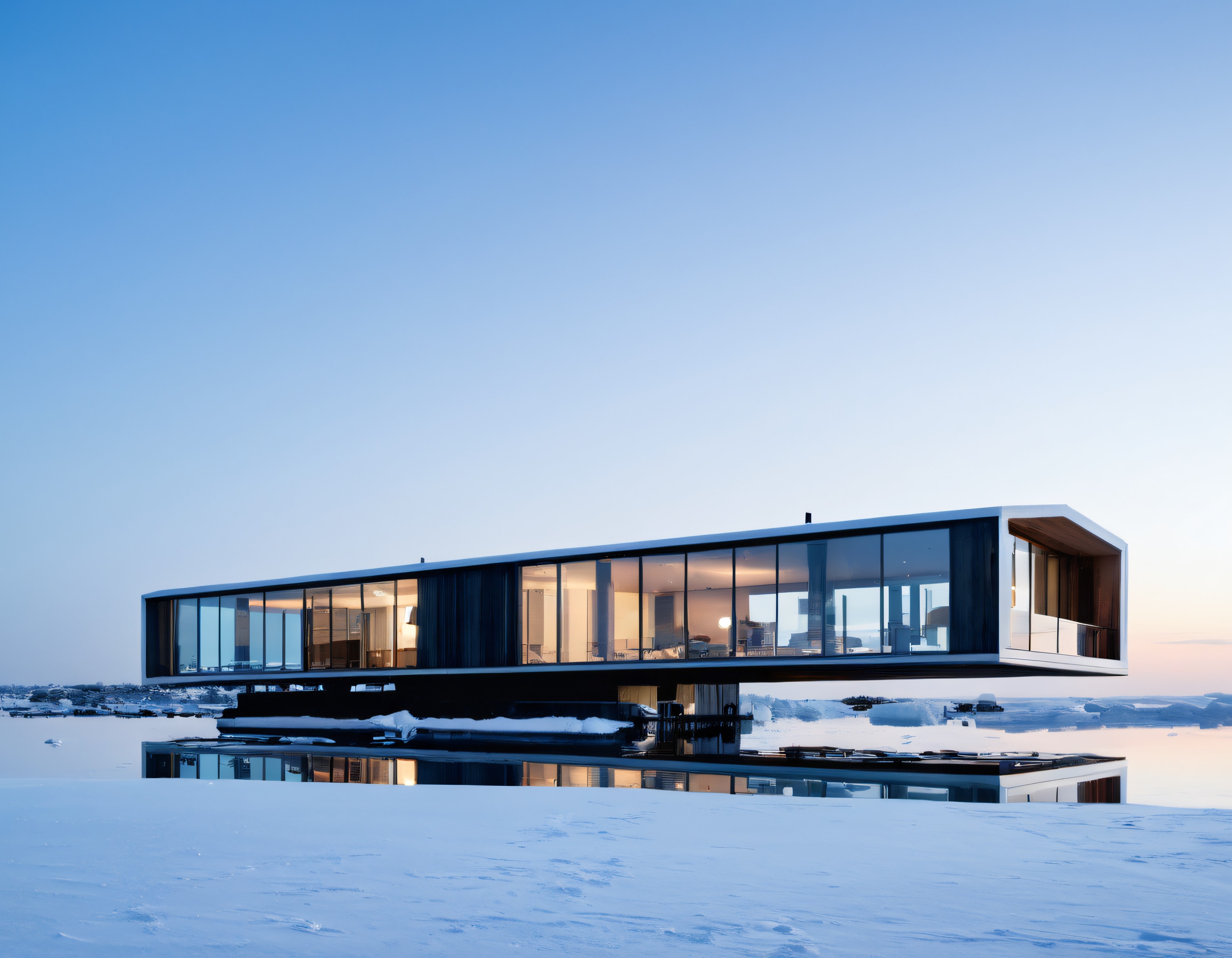 Karlı Manzarada Göl Kenarındaki Modern Cam Villa ve Büyüleyici Yansıması