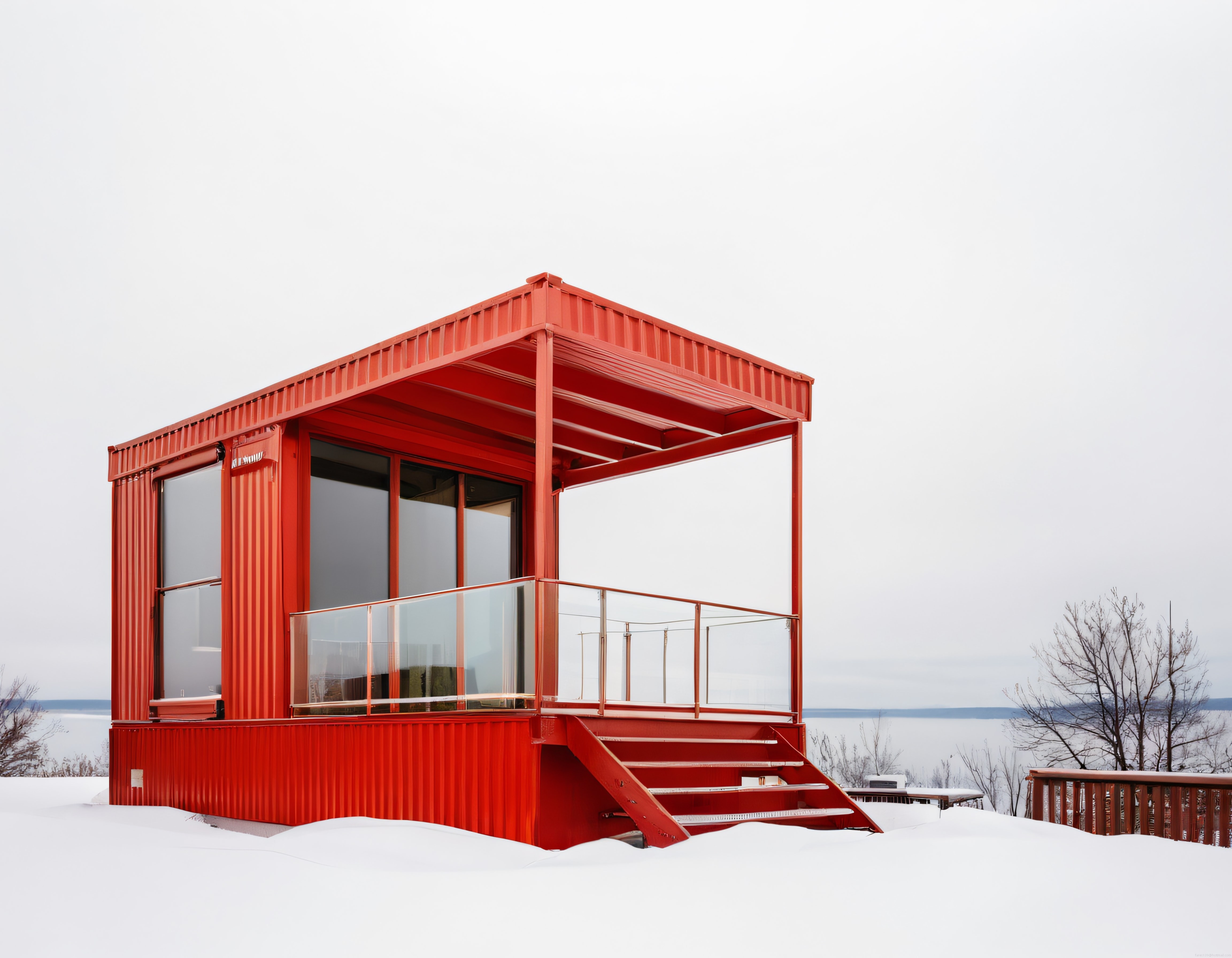 Karlı Manzarada Kırmızı Konteyner Ev ve Modern Minimalist Mimari
